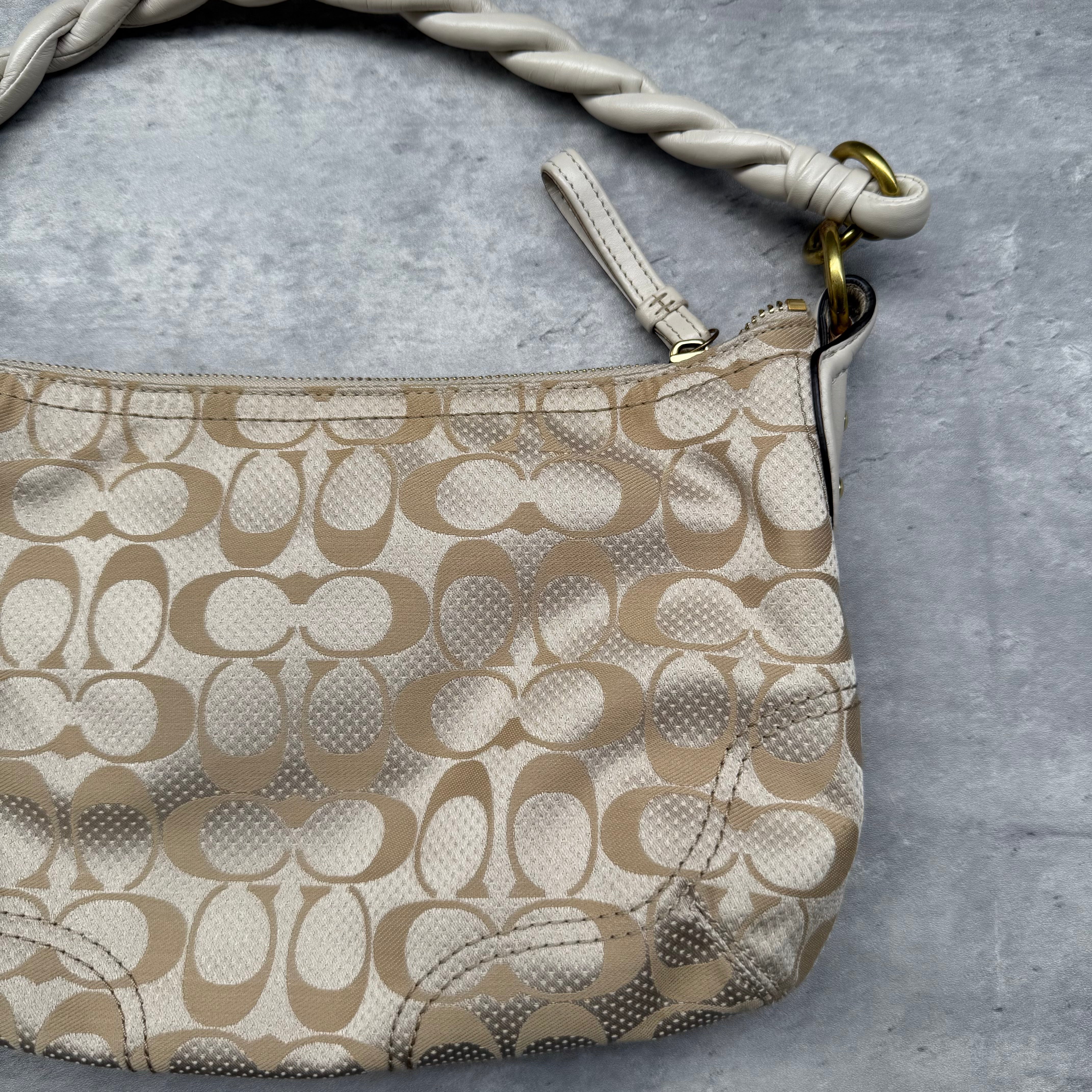 Coach 2Way Signature Dot Satin Canvas Shoulder Bag in beige with braided handle, turn-lock pocket, colorful hang tags, and red interior