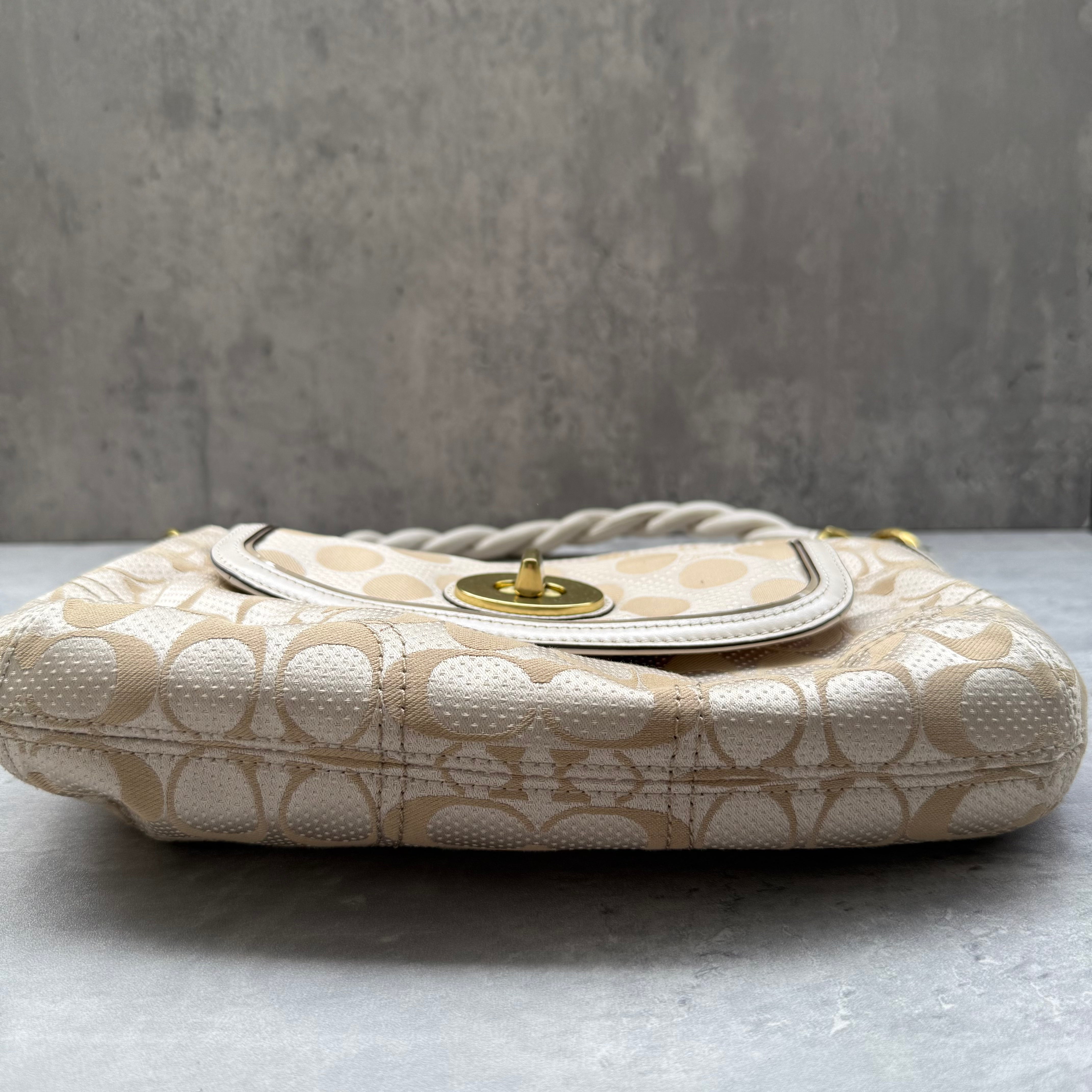 Coach 2Way Signature Dot Satin Canvas Shoulder Bag in beige with braided handle, turn-lock pocket, colorful hang tags, and red interior