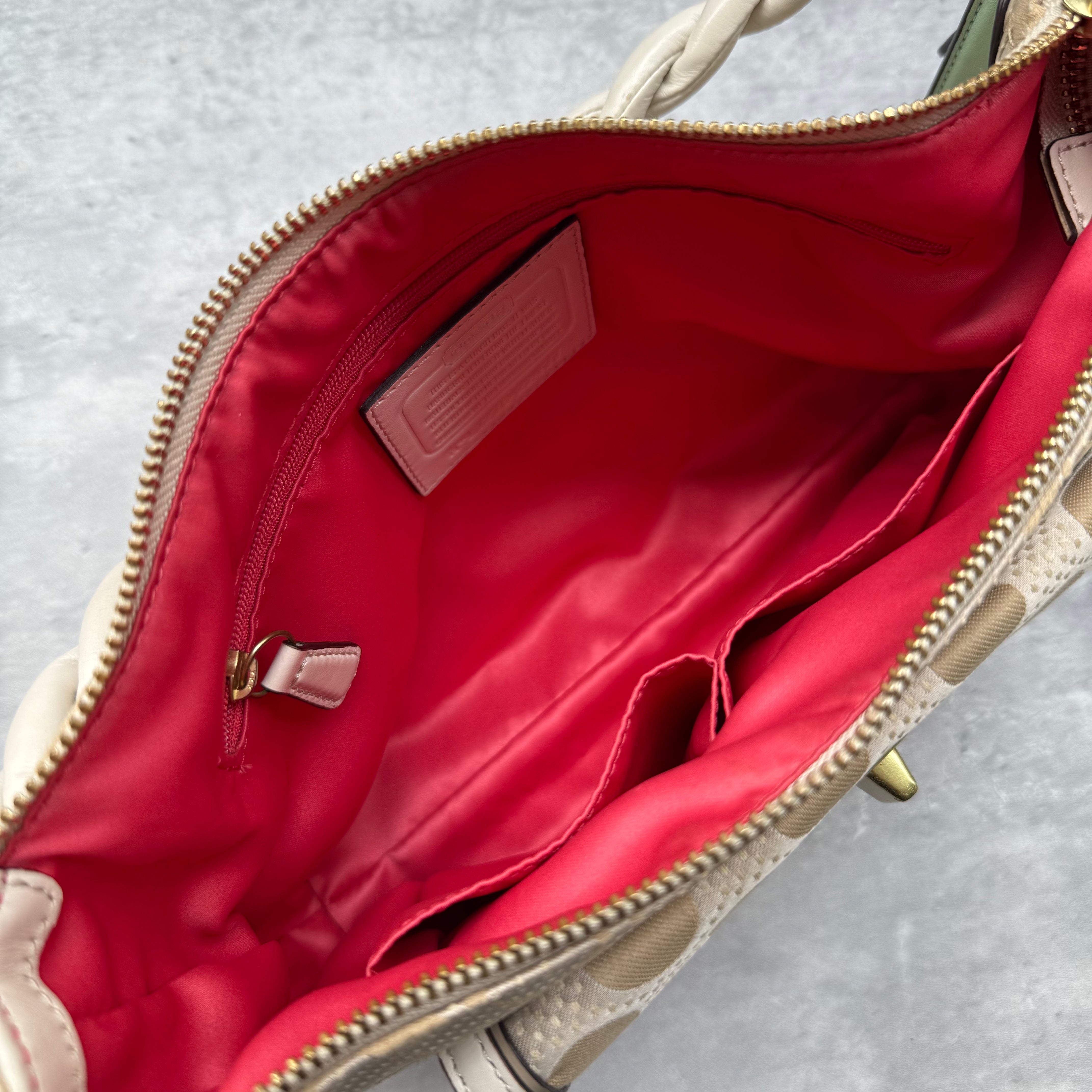 Coach 2Way Signature Dot Satin Canvas Shoulder Bag in beige with braided handle, turn-lock pocket, colorful hang tags, and red interior