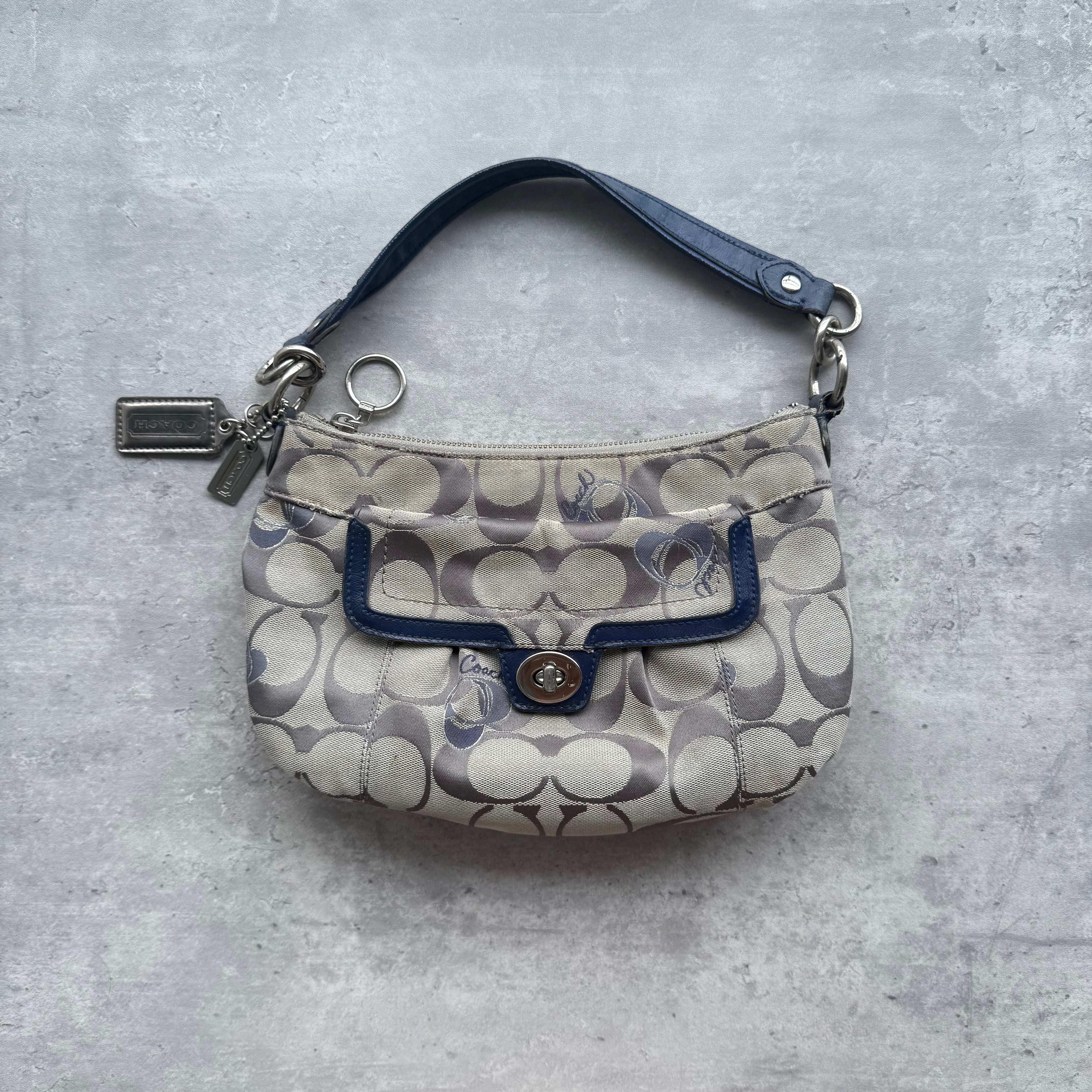 Coach 2Way Signature Embroidered Hearts Shoulder Bag in grey jacquard canvas with navy leather trim, featuring silver-tone hardware and detachable strap