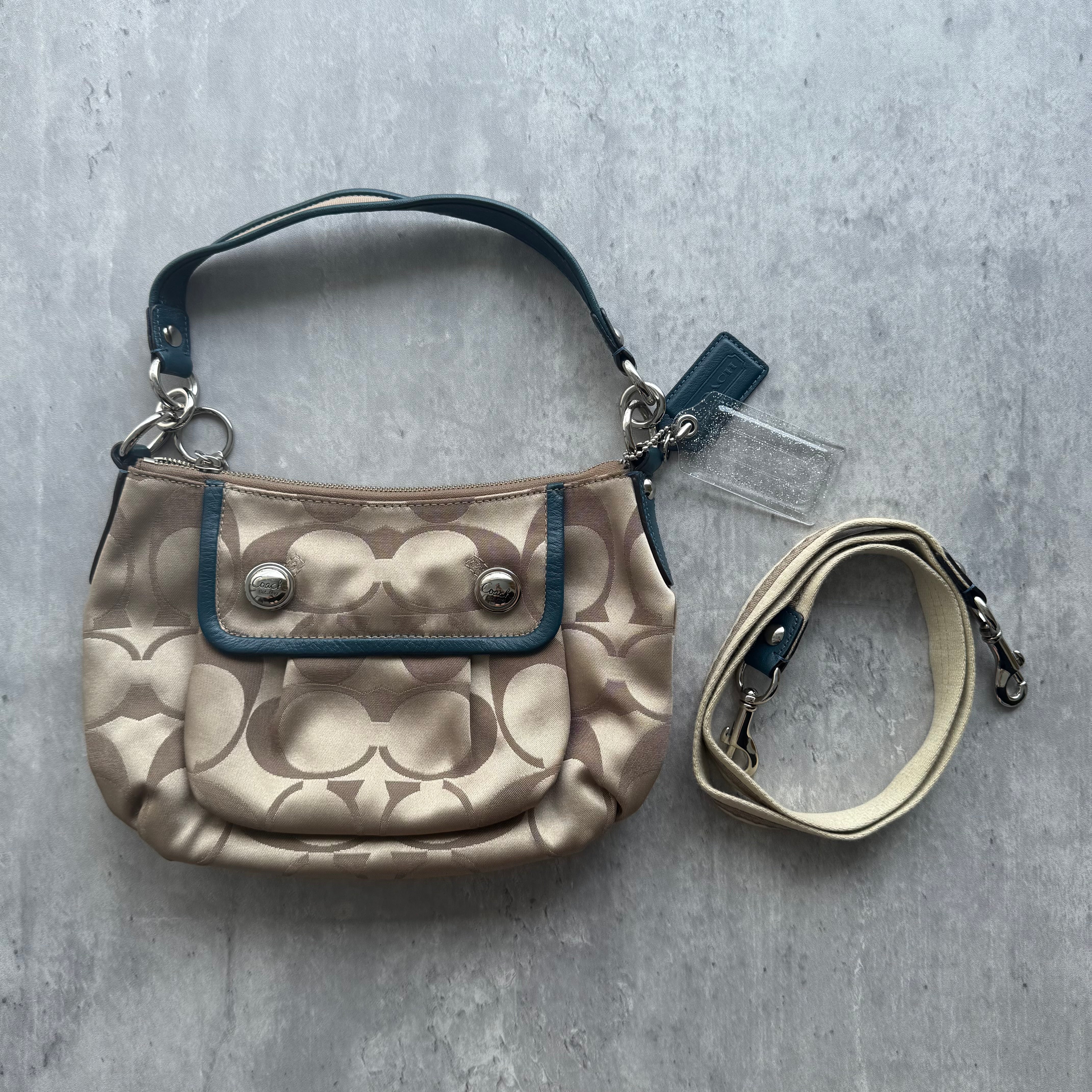 Coach 2Way Signature Shoulder Bag in beige jacquard with blue leather trim, front snap pocket, and turquoise interior