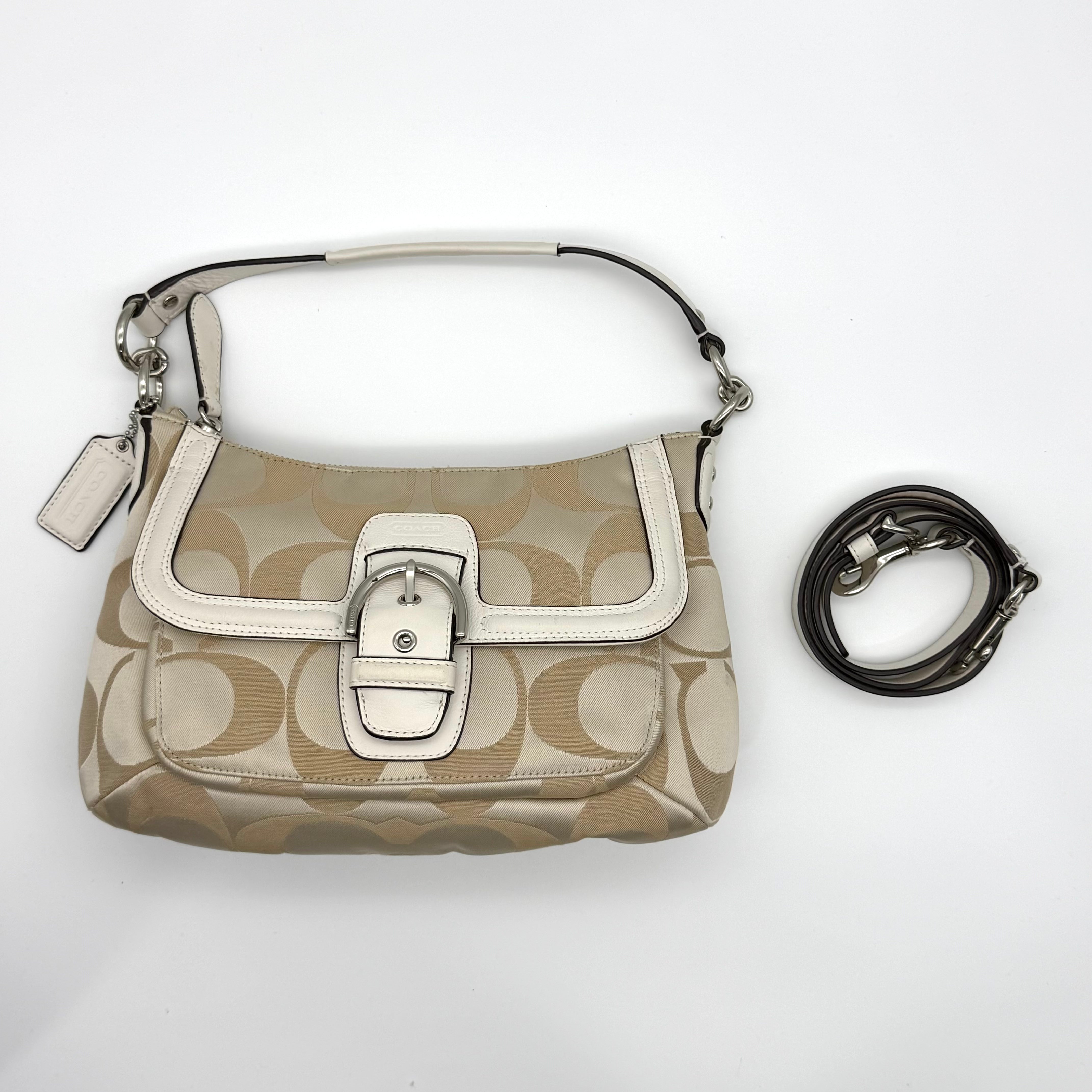 Coach 2-Way Signature shoulder bag in beige jacquard with white leather trim, front buckle flap and detachable long strap — pre-loved.
