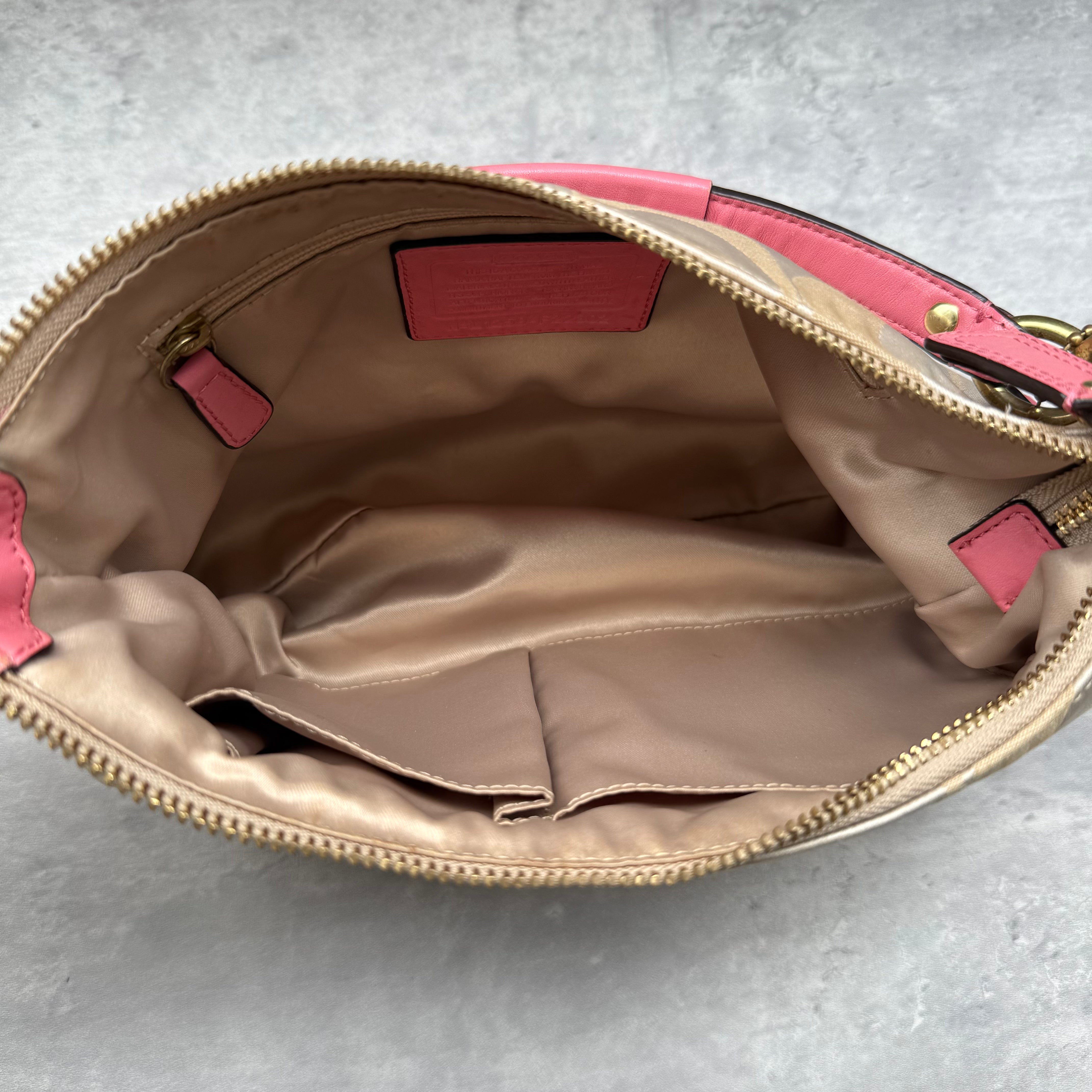 Coach 2Way Signature Shoulder Bag Cream/Pink with gold-tone turn-lock, pink leather trim, and cream monogram canvas