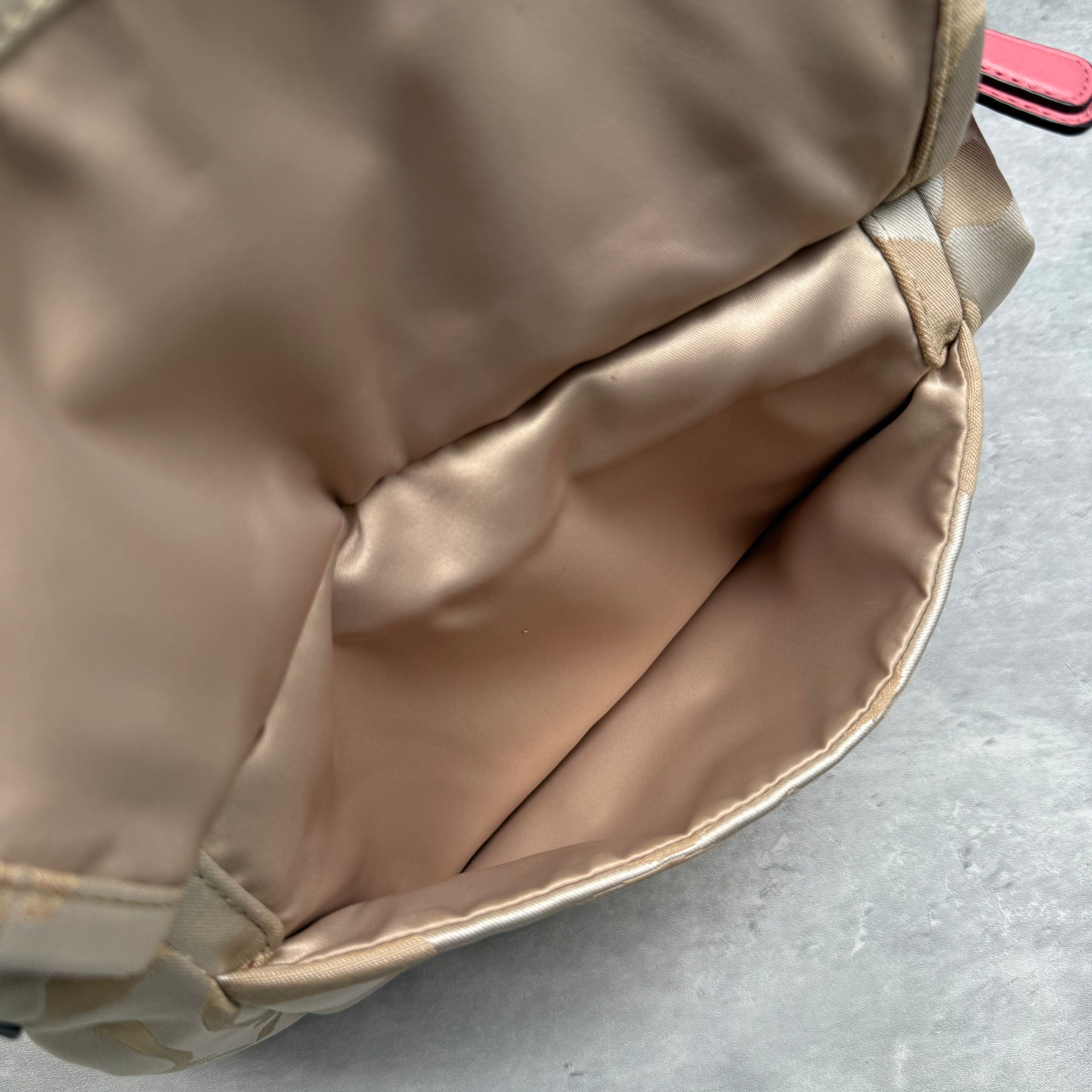 Coach 2Way Signature Shoulder Bag Cream/Pink with gold-tone turn-lock, pink leather trim, and cream monogram canvas