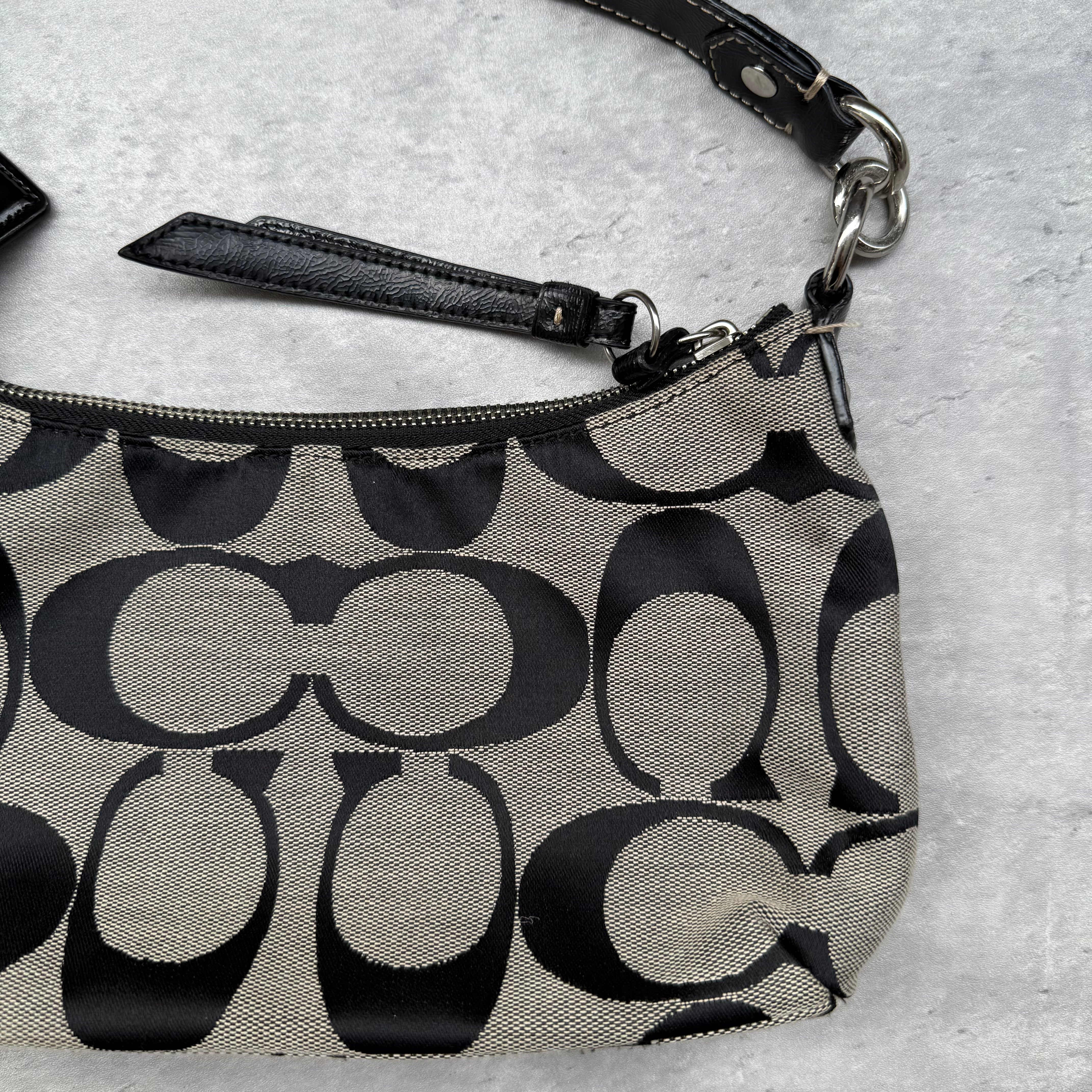 Coach 2Way Signature Strip Shoulder Bag Grey/Black with monogram canvas, black leather trim, and turn-lock detail