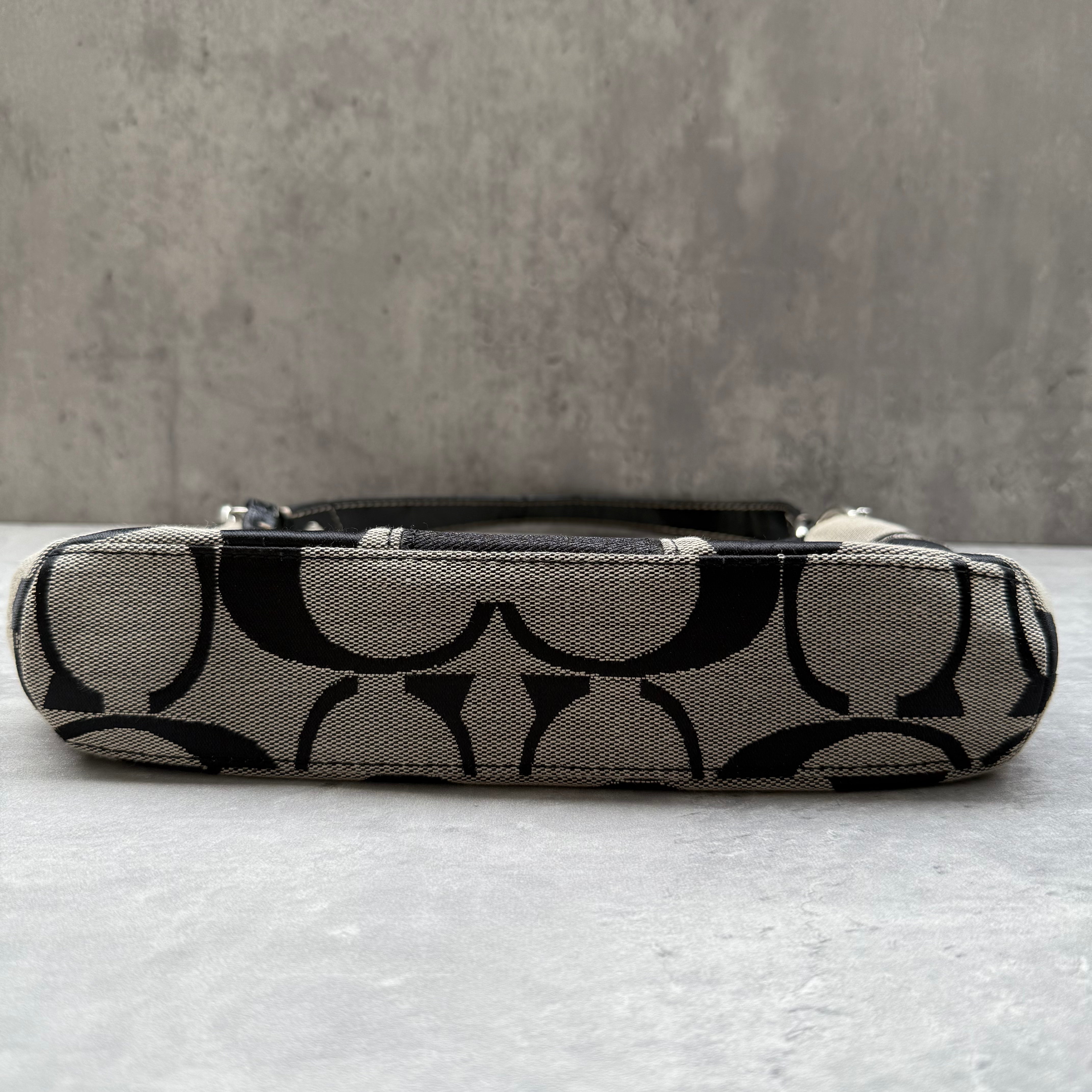 Coach 2Way Signature Strip Shoulder Bag Grey/Black with monogram canvas, black leather trim, and turn-lock detail