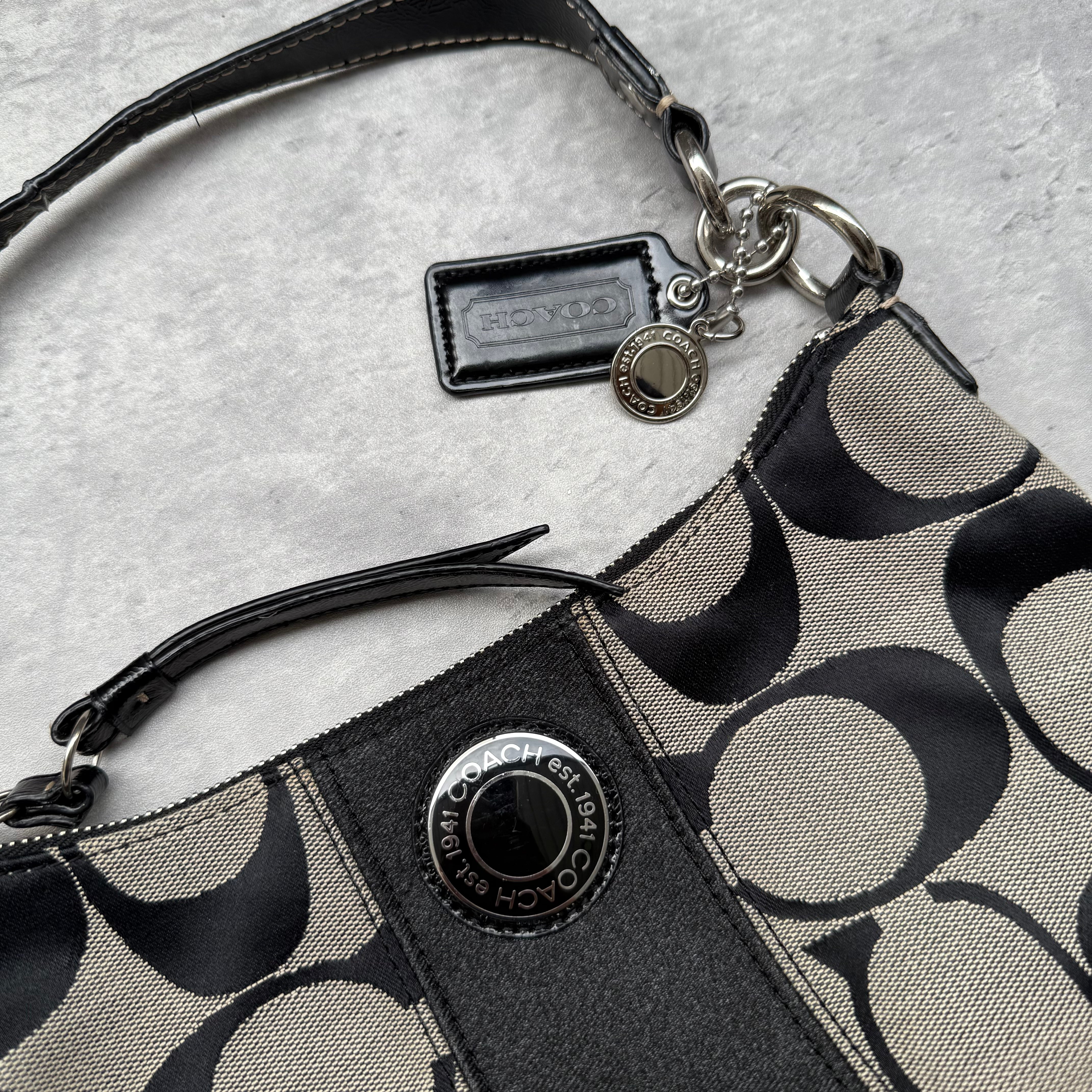 Coach 2Way Signature Strip Shoulder Bag Grey/Black with monogram canvas, black leather trim, and turn-lock detail