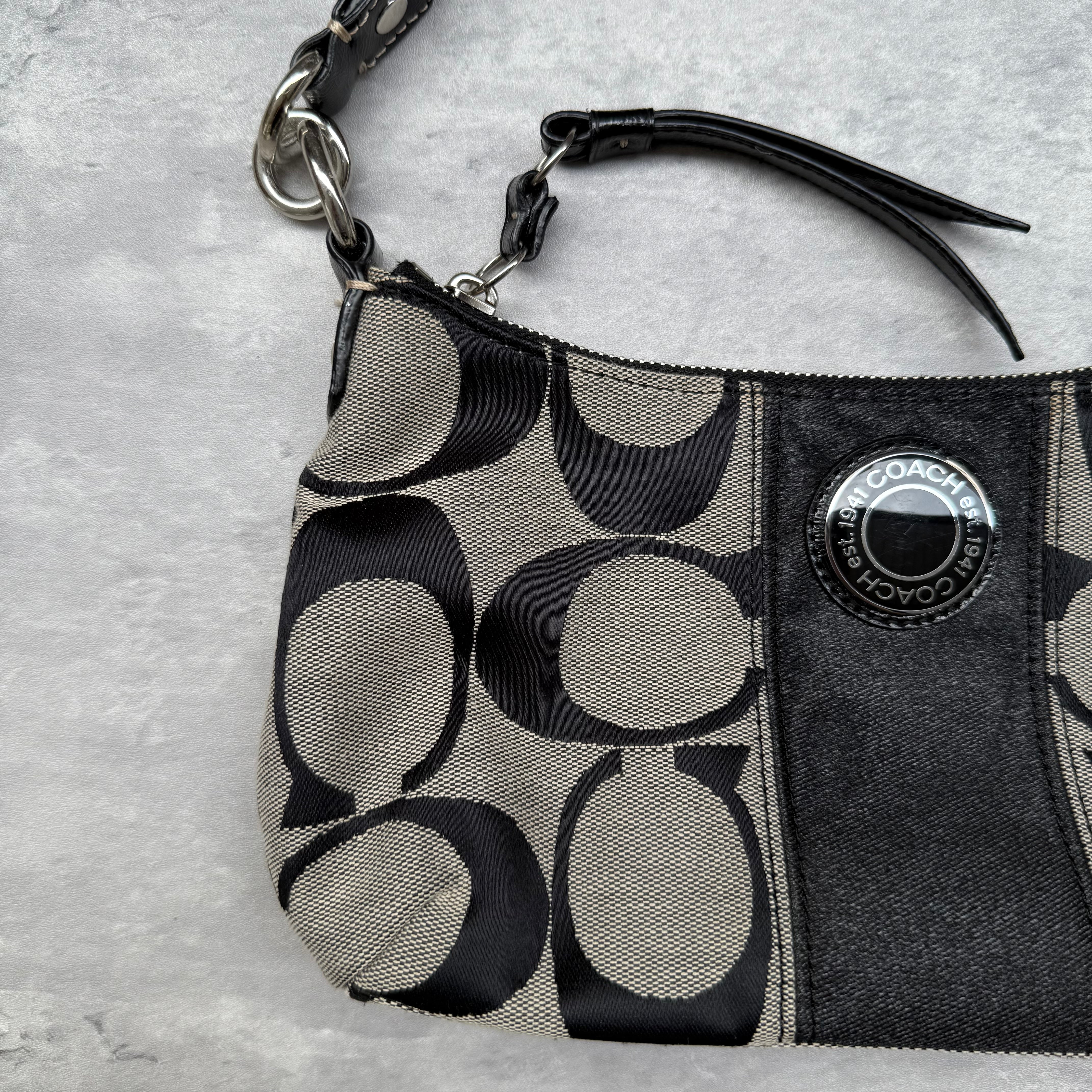 Coach 2Way Signature Strip Shoulder Bag Grey/Black with monogram canvas, black leather trim, and turn-lock detail