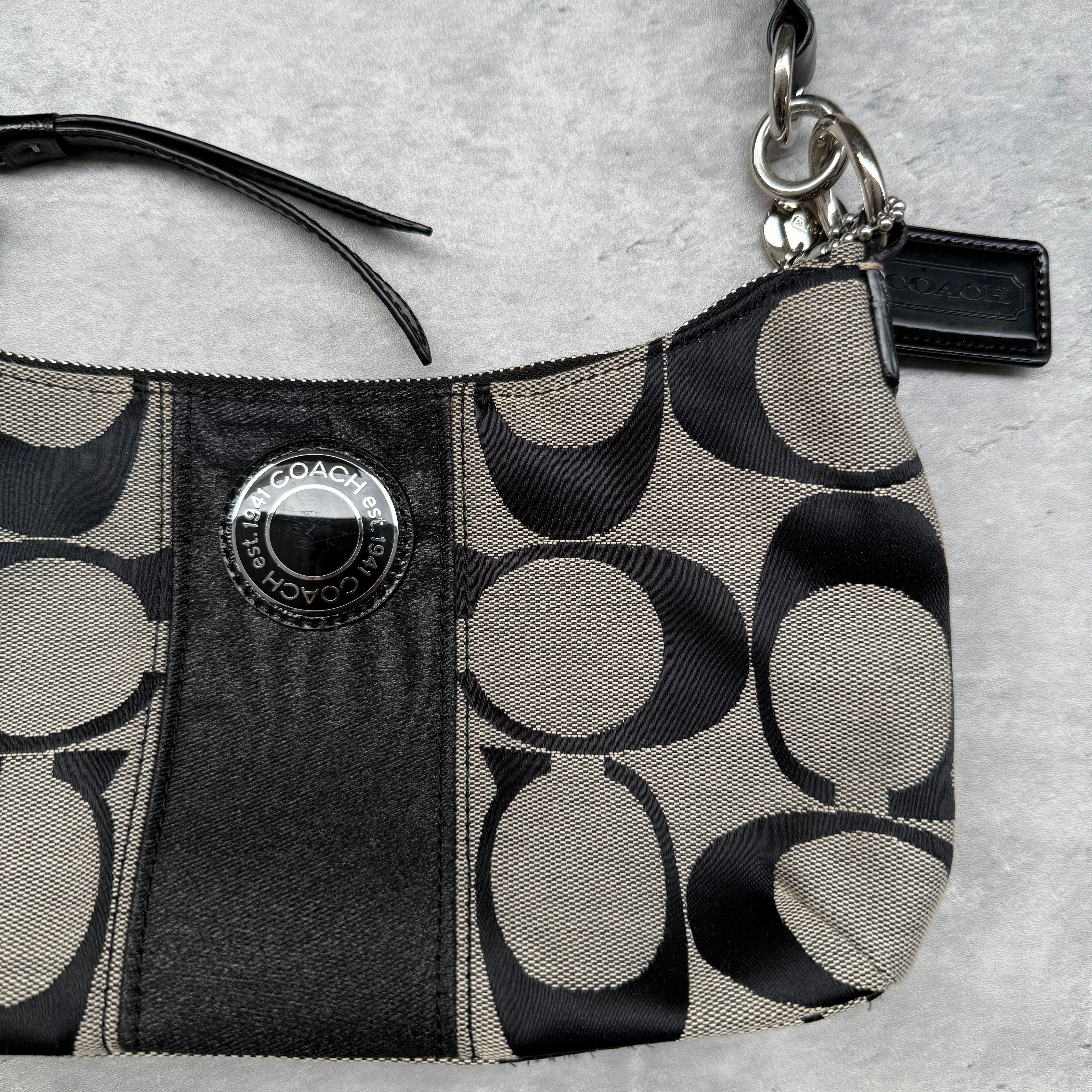 Coach 2Way Signature Strip Shoulder Bag Grey/Black with monogram canvas, black leather trim, and turn-lock detail