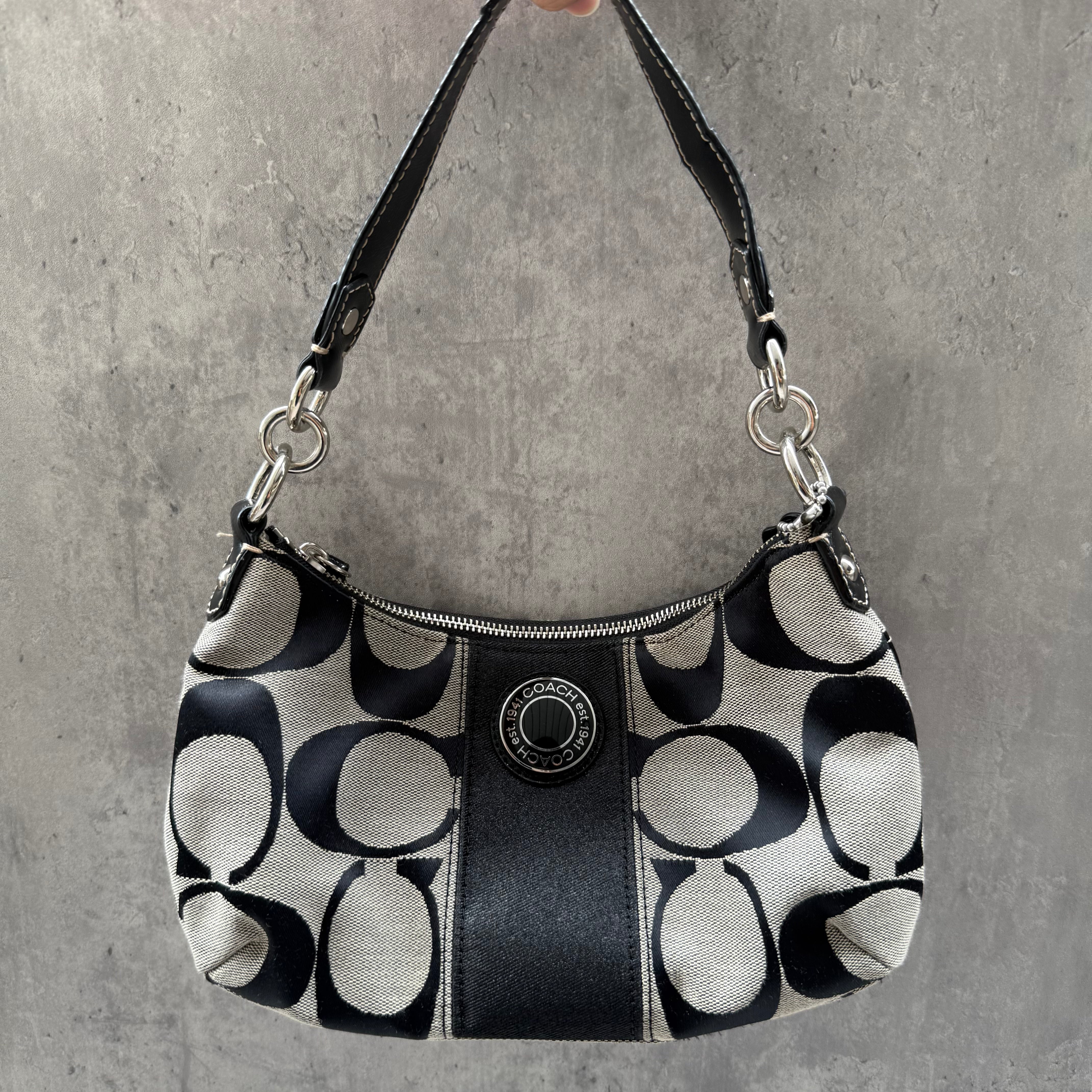 Coach 2Way Signature Strip Shoulder Bag Grey/Black with monogram canvas, black leather trim, and turn-lock detail