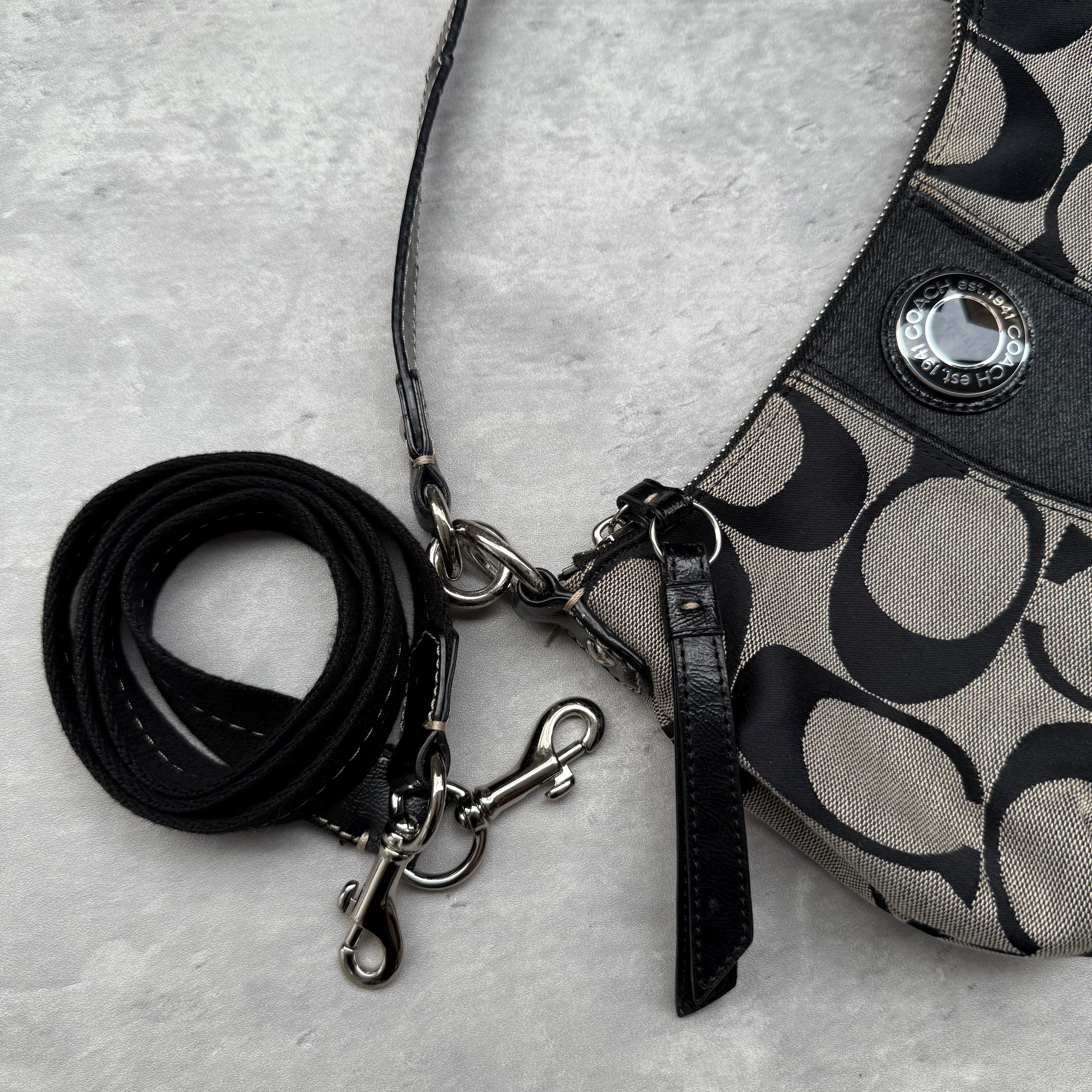 Coach 2Way Signature Strip Shoulder Bag Grey/Black with monogram canvas, black leather trim, and turn-lock detail