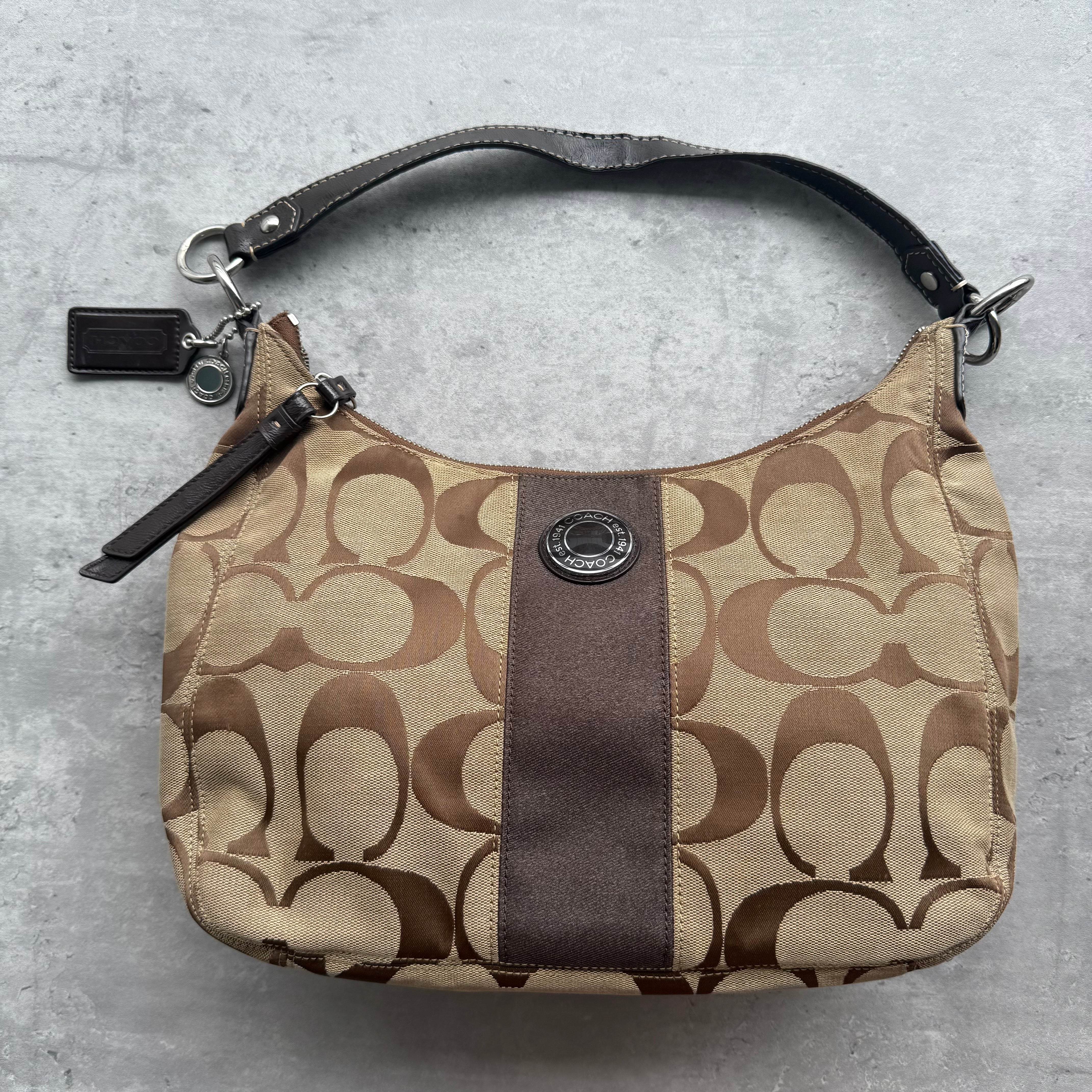 Coach 2Way Signature Stripe Large Shoulder Bag in Beige/Brown jacquard canvas with leather trim, silver-tone hardware, and top zip closure