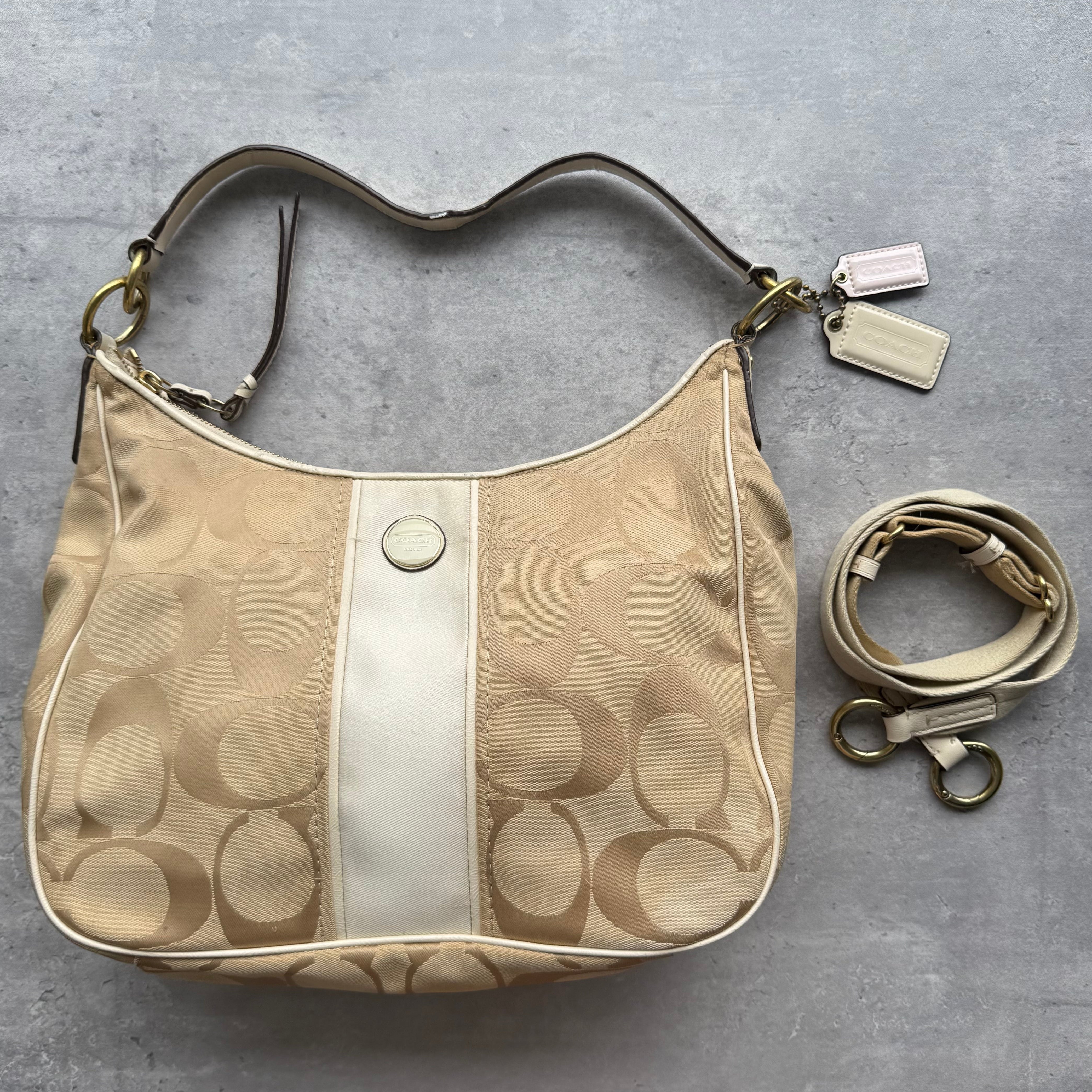 Coach 2Way Signature Stripe Large Shoulder Bag in beige jacquard with white leather stripe, gold hardware, and detachable crossbody strap