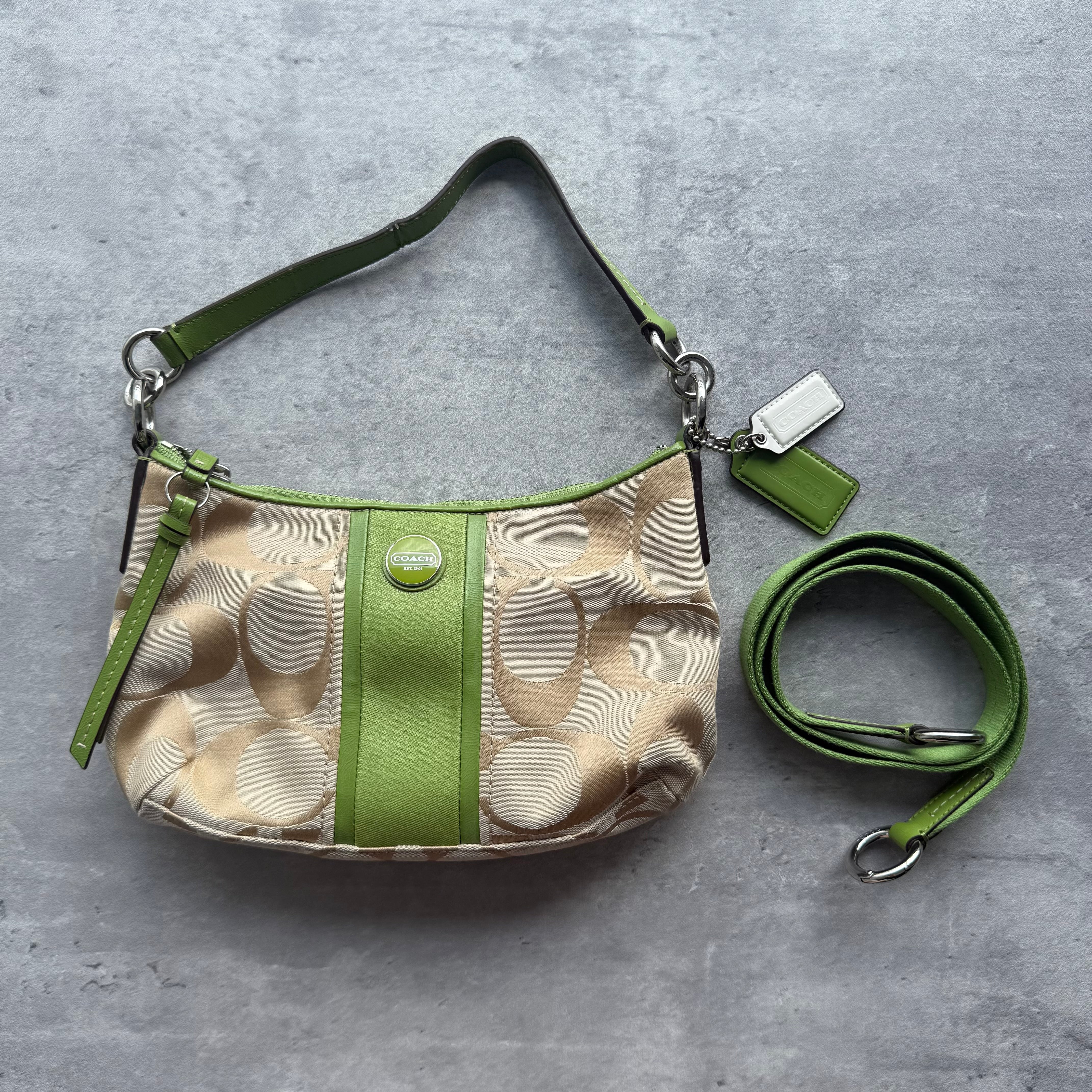 Coach 2Way Signature Stripe Shoulder Bag in Beige Canvas with Green Leather Trim and Dual Strap Options