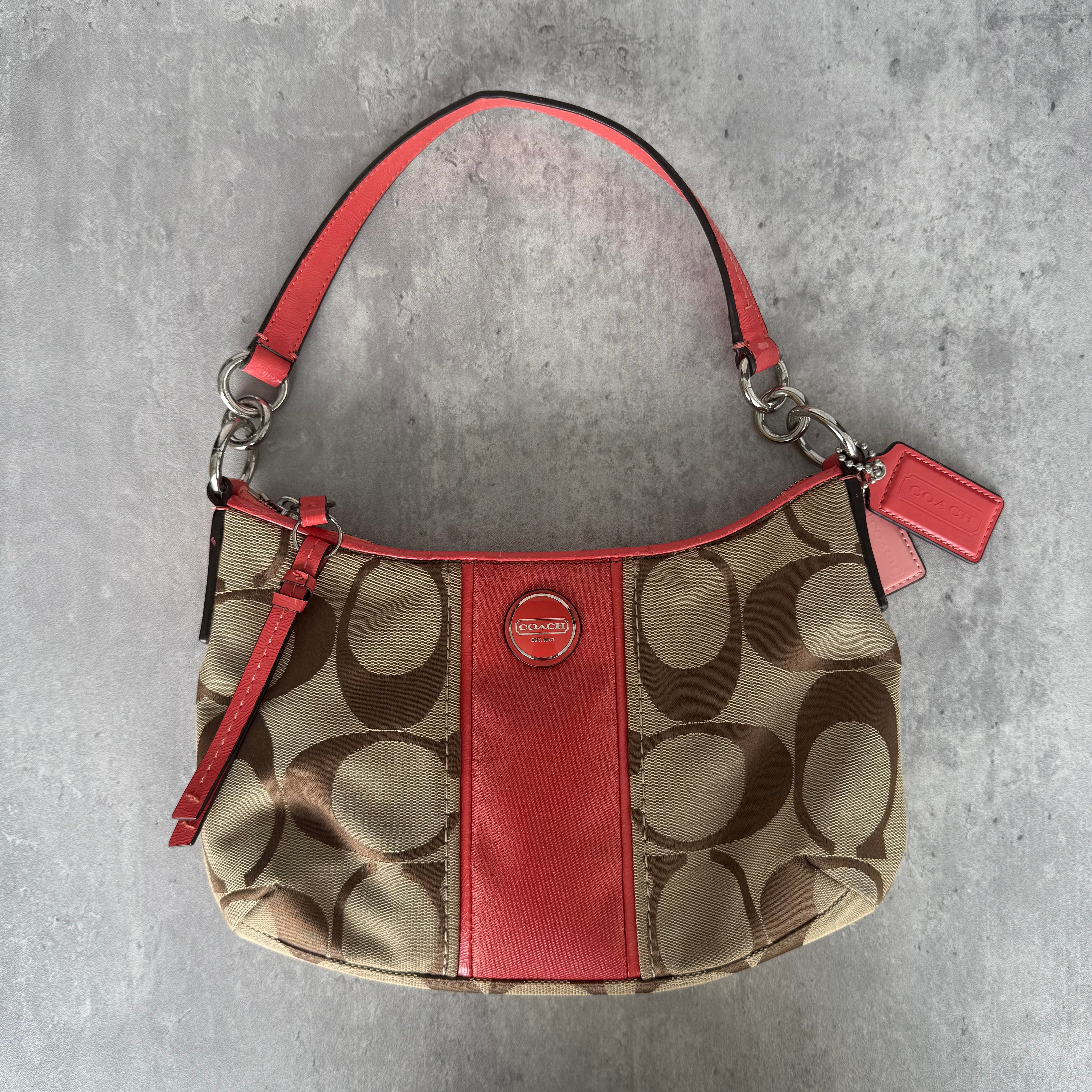 Coach 2Way Signature Strip Shoulder Bag Beige/Red