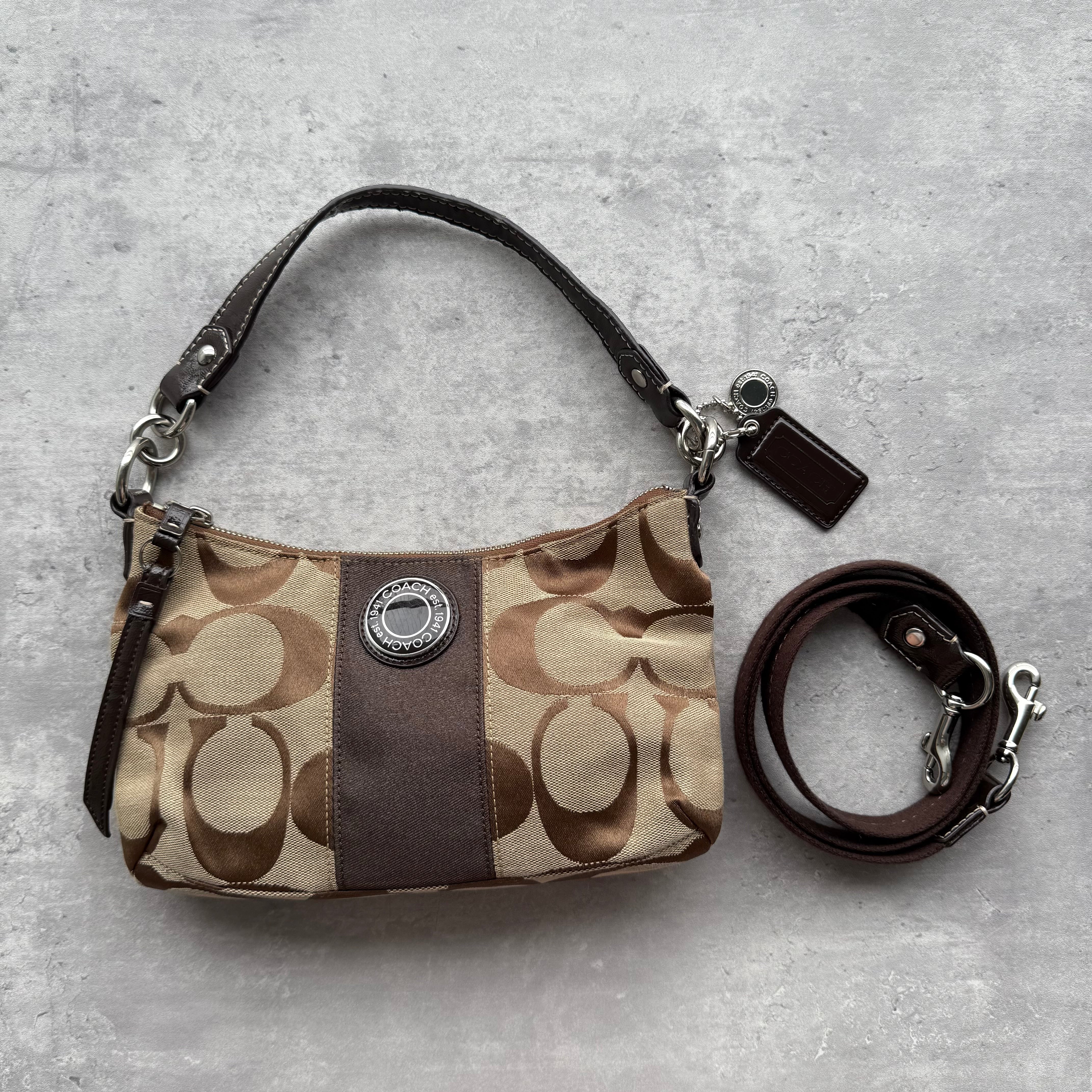 Coach 2Way Signature Stripe Shoulder Bag in Beige and Brown canvas with leather strap and detachable crossbody strap, silver hardware, and top zip closure