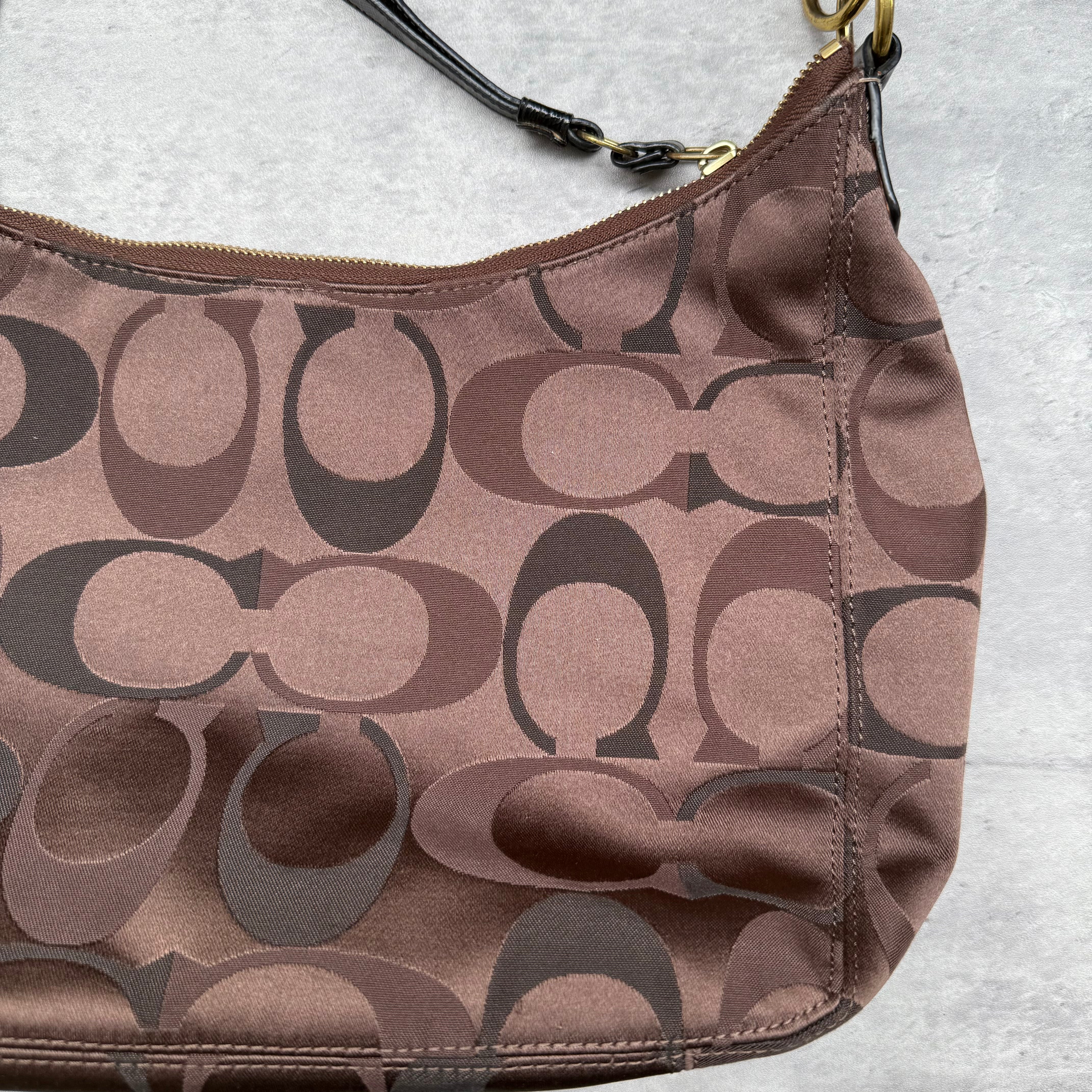 Coach 2Way Signature Stripe Shoulder Bag Brown/Black with monogram canvas, black leather trim, silver emblem, and pink interior