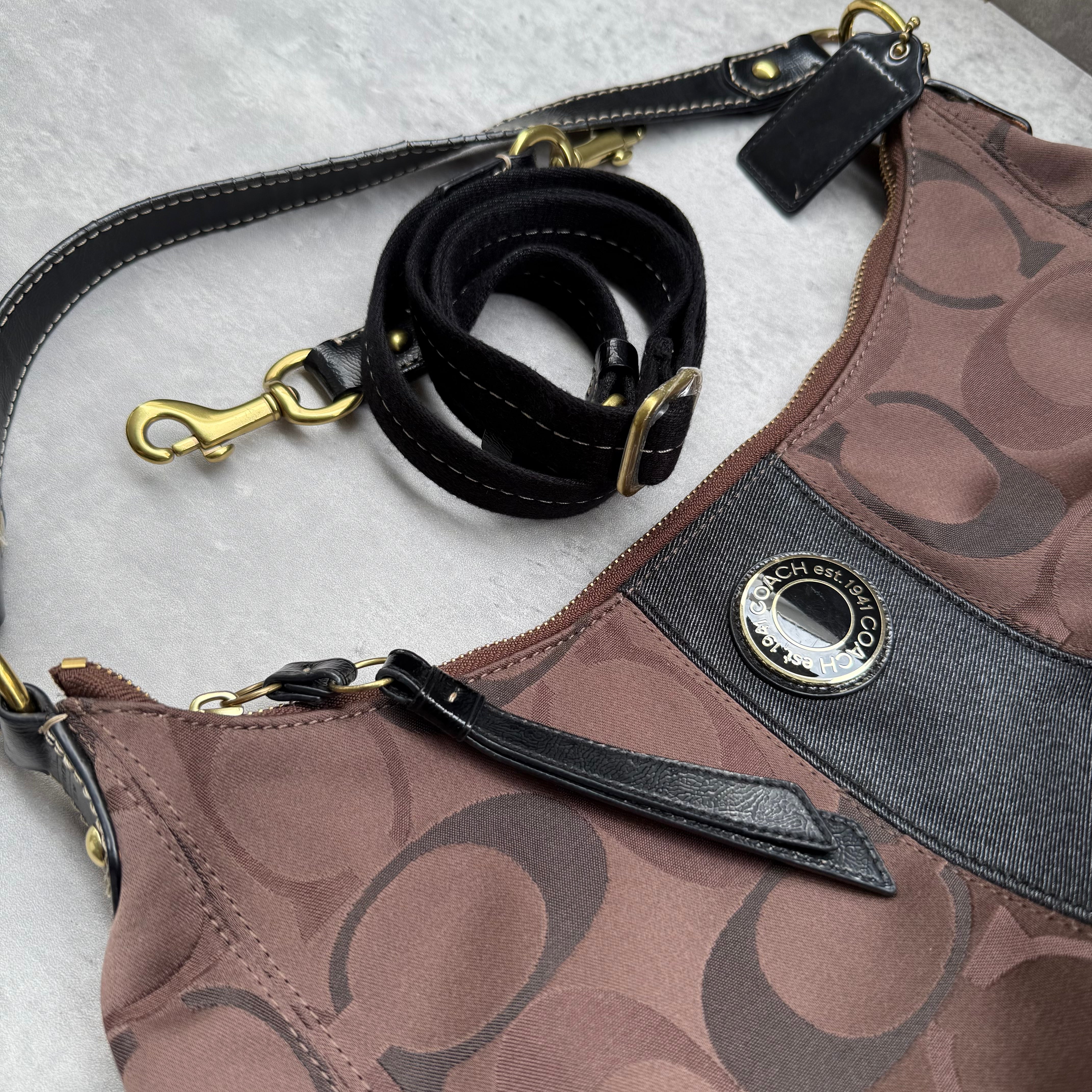 Coach 2Way Signature Stripe Shoulder Bag Brown/Black with monogram canvas, black leather trim, silver emblem, and pink interior