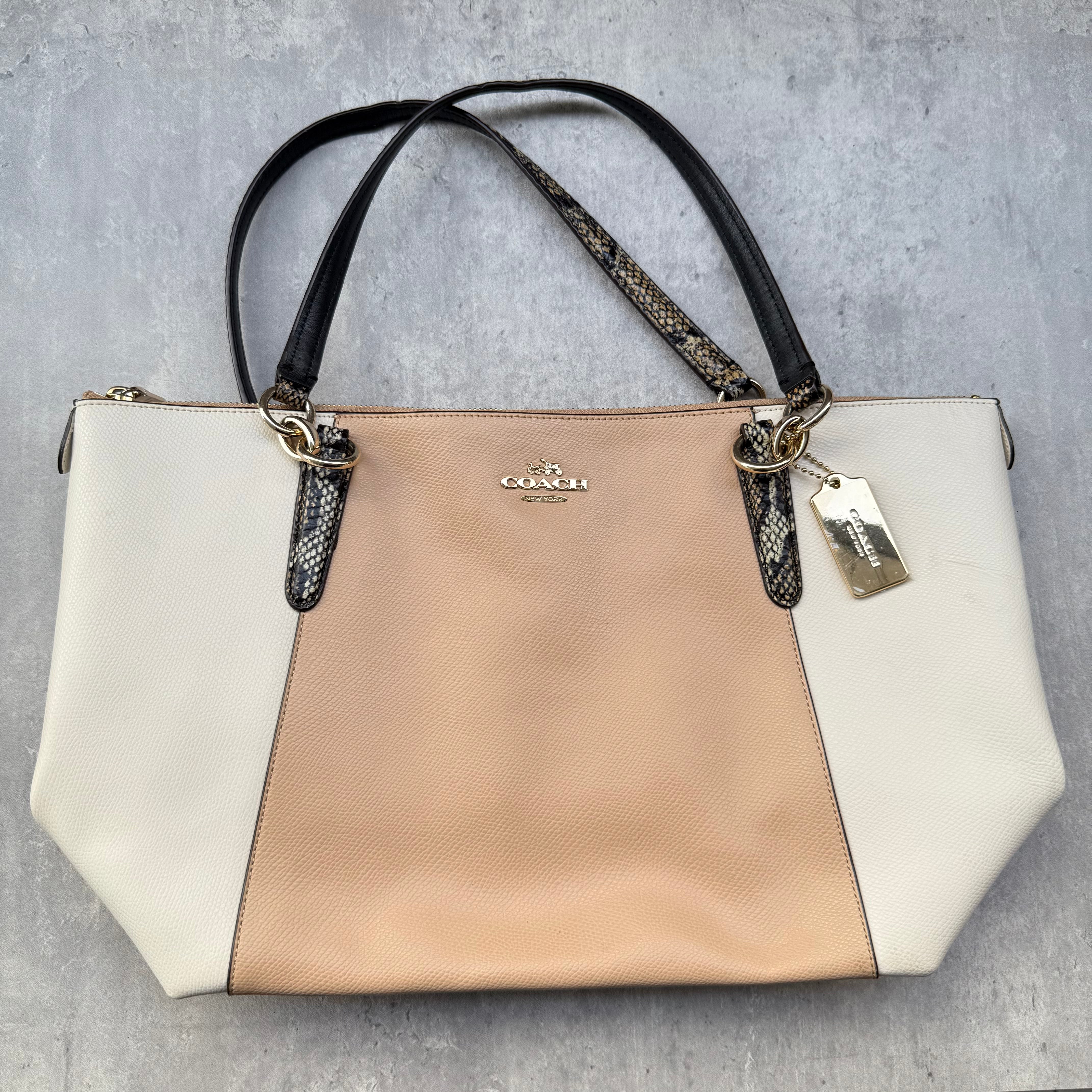 Coach AVA Tote Handbag with beige and cream leather panels, snakeskin-trim handles, and gold-tone logo hardware