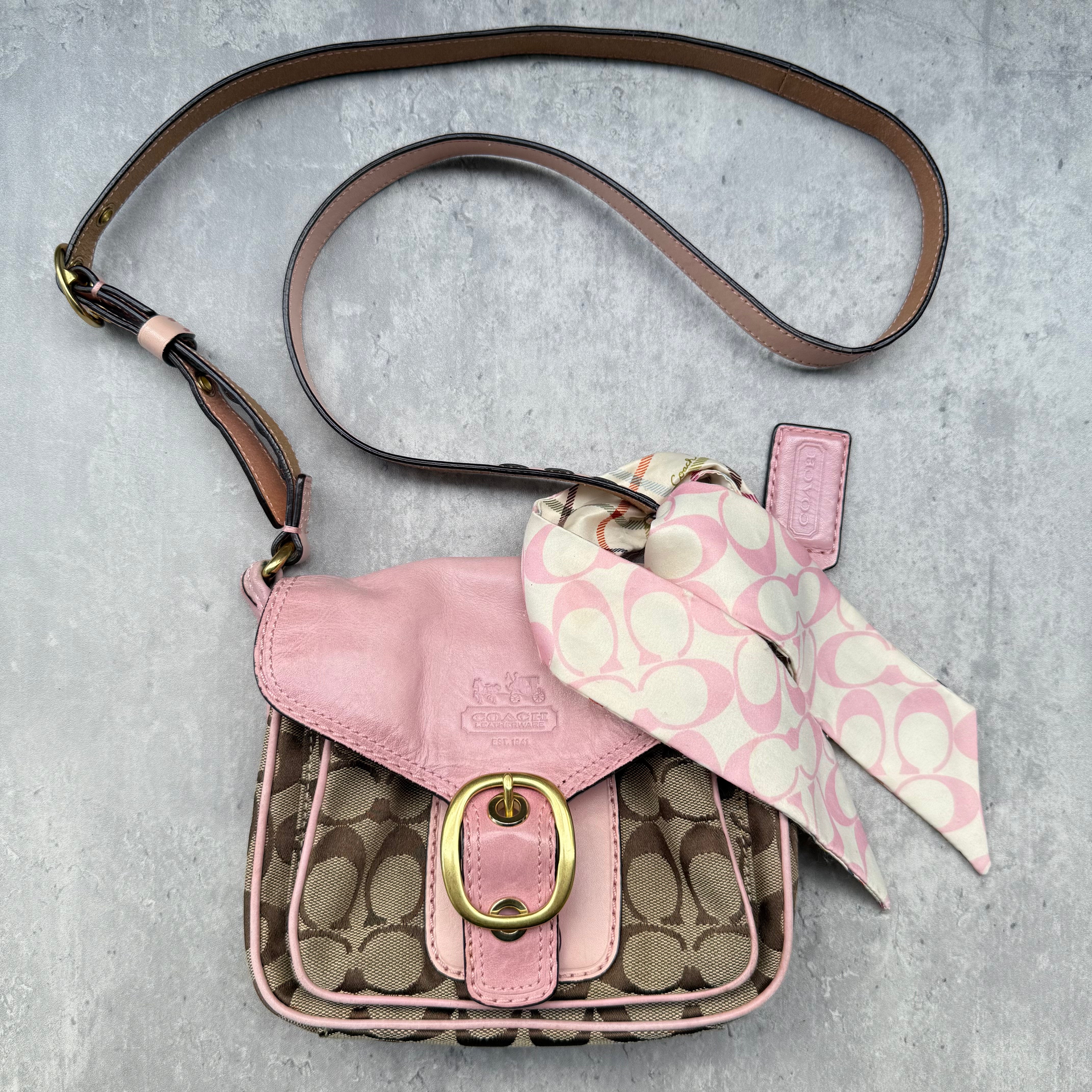 Coach Bleecker Signature Crossbody Bag Pink Beige with monogram canvas, pink leather trim, gold-tone buckle, and Coach scarf