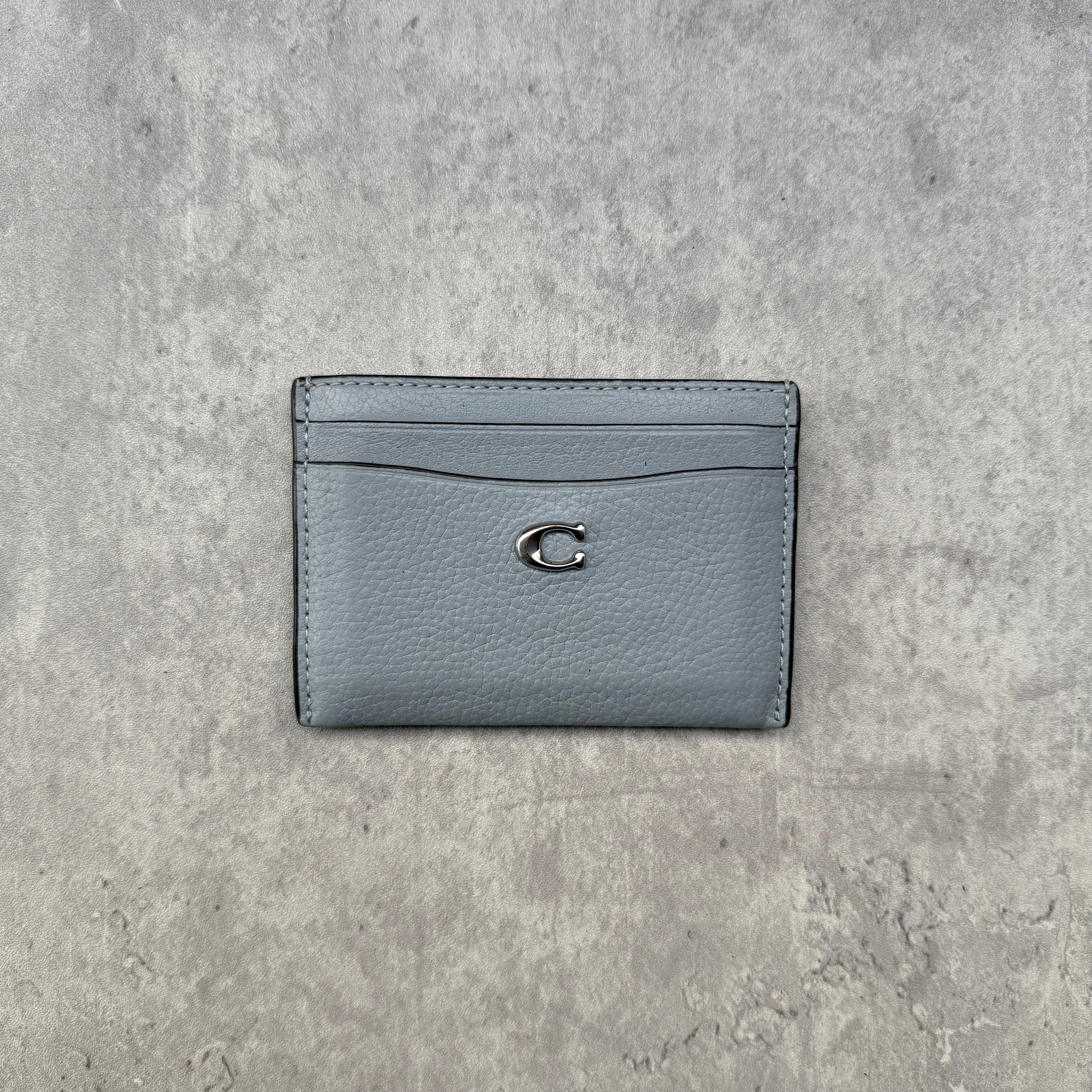Coach Essential Cardholder Baby Blue in pebbled leather with silver-tone Coach C logo and card slots