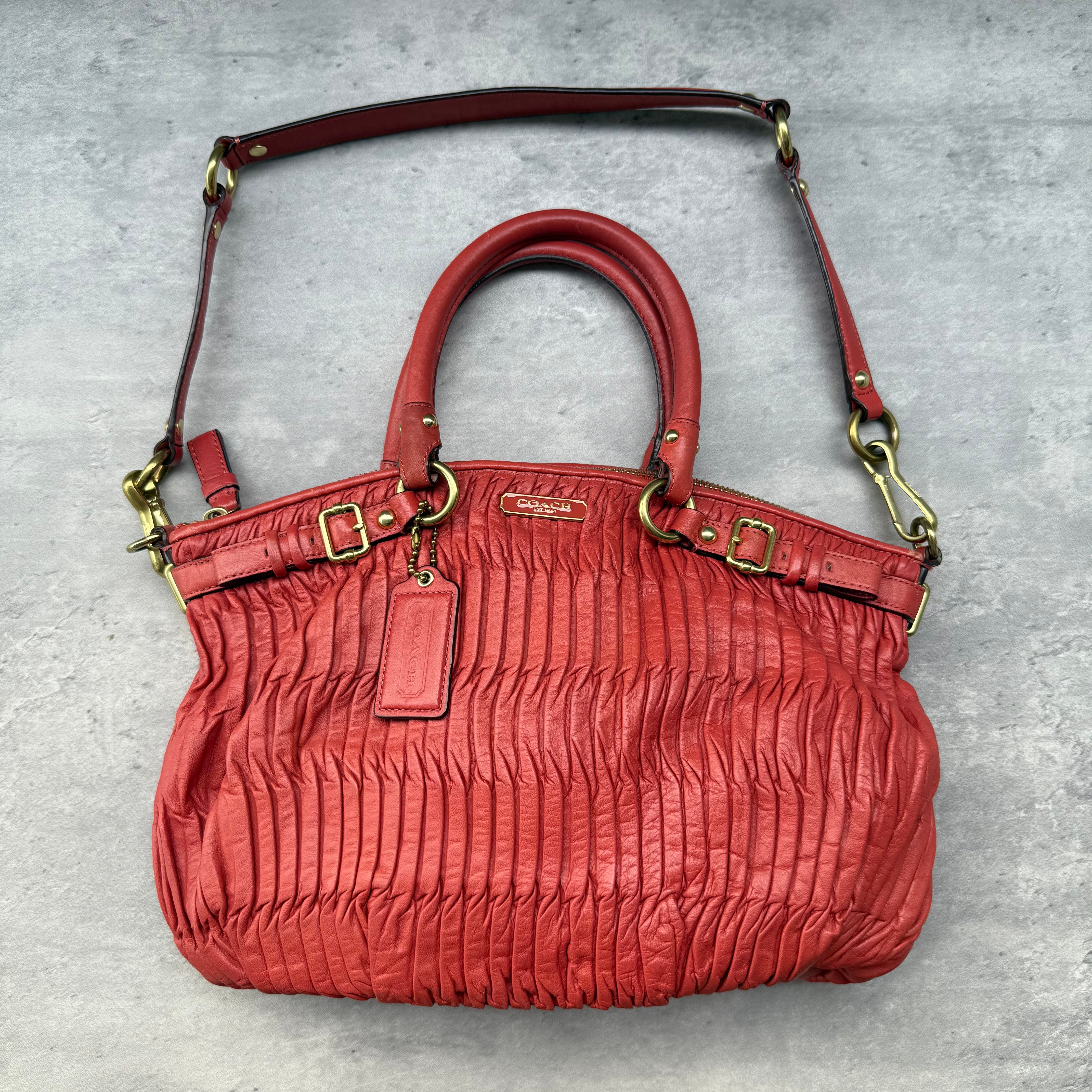 Coach Madison Pleated Leather 2Way Shoulder Bag Red with gold-tone hardware and detachable strap"