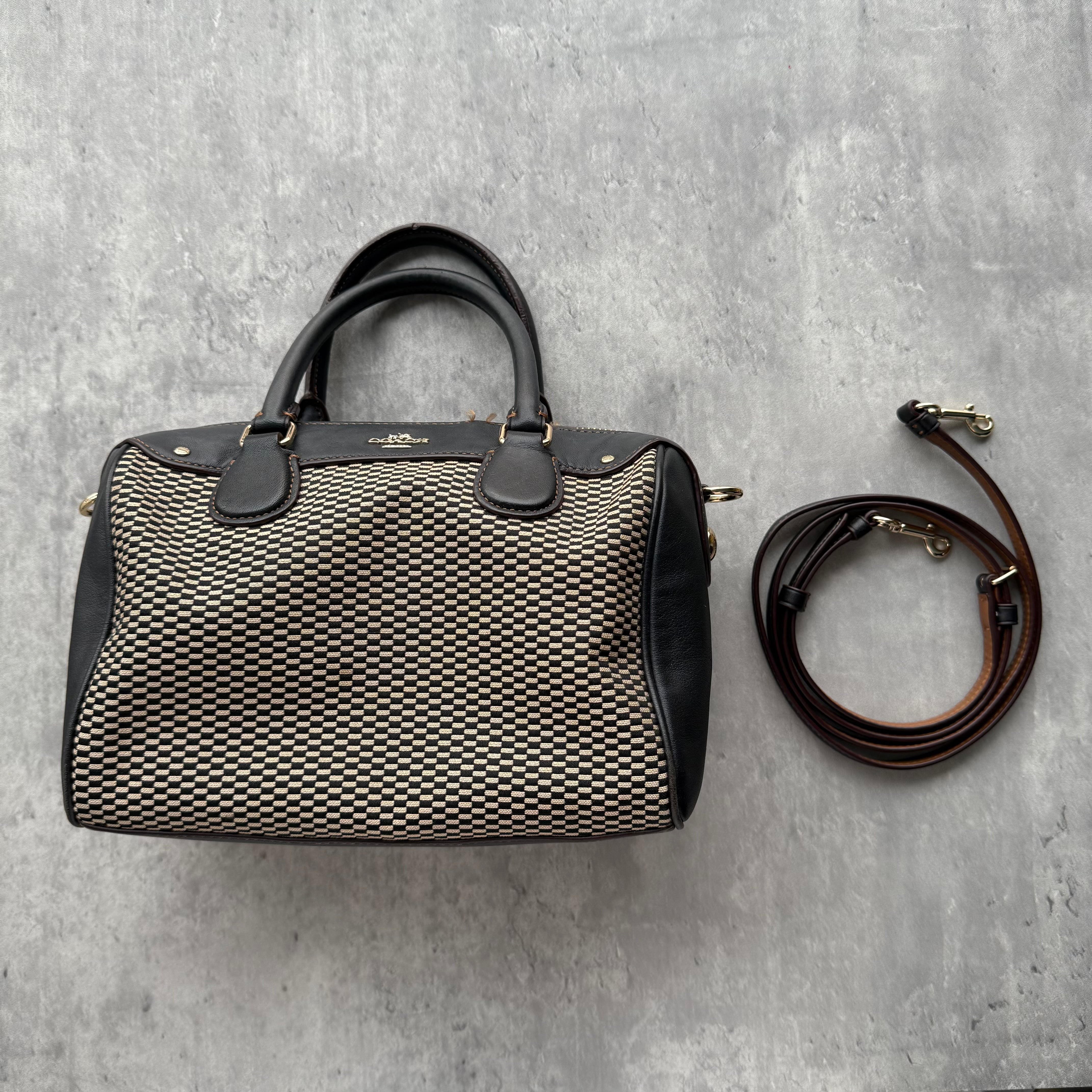 Coach Mini Bennett Satchel Handbag Black/White with woven checkered fabric, black leather trim, gold-tone hardware, and dual top handles.
