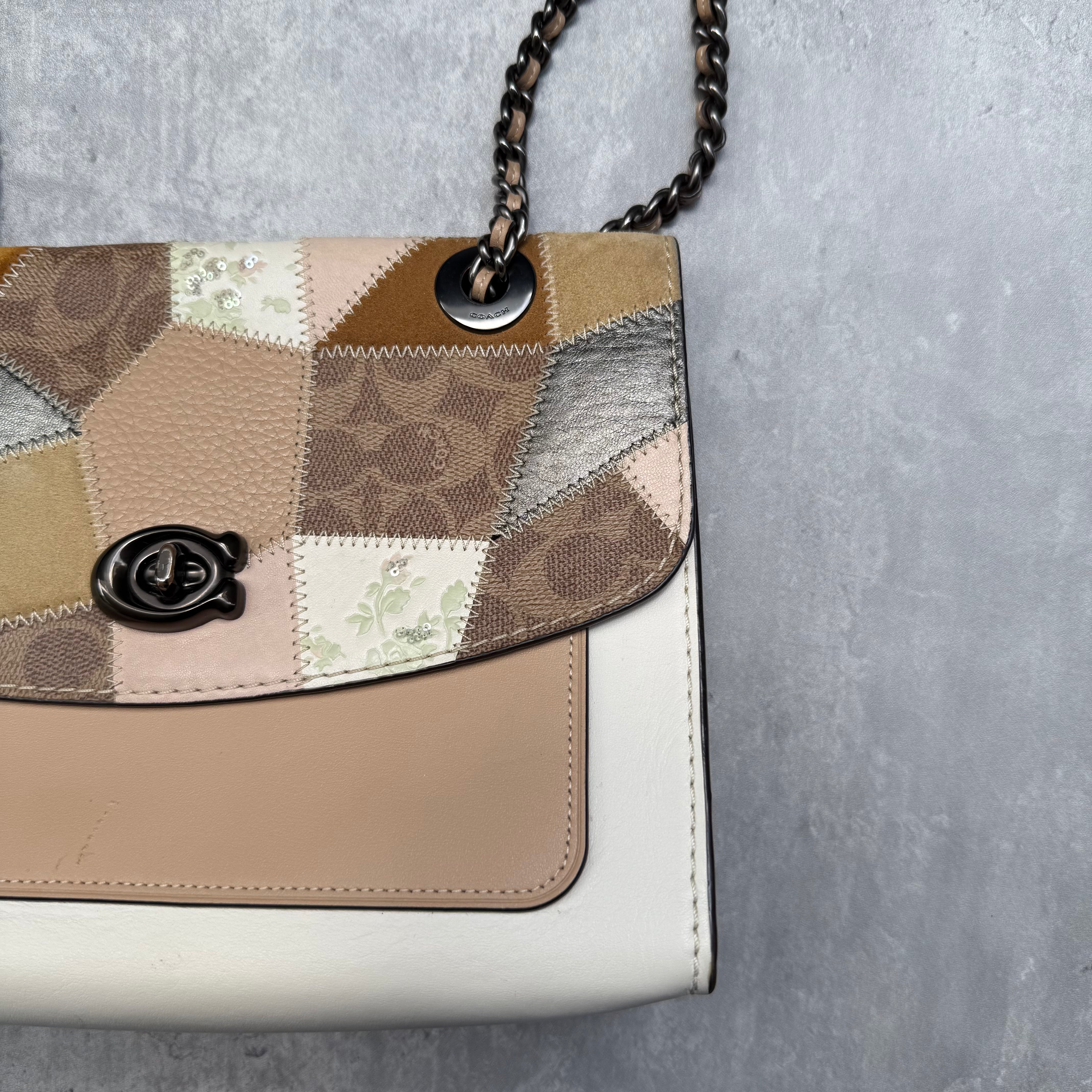 Coach Parker Multi Patch Shoulder Bag with monogram canvas, suede, leather panels, yellow suede lining, and chain leather strap.