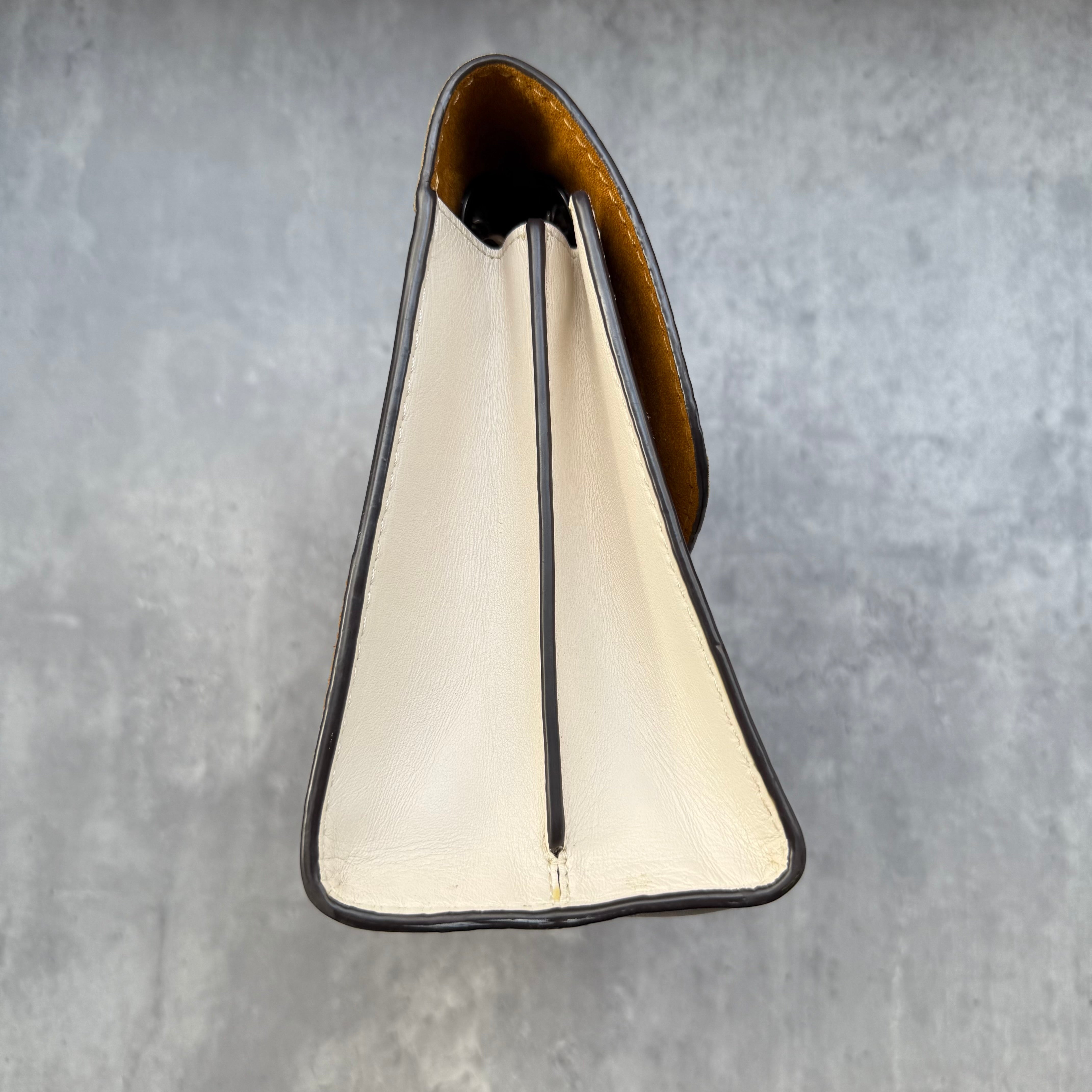 Coach Parker Multi Patch Shoulder Bag with monogram canvas, suede, leather panels, yellow suede lining, and chain leather strap.