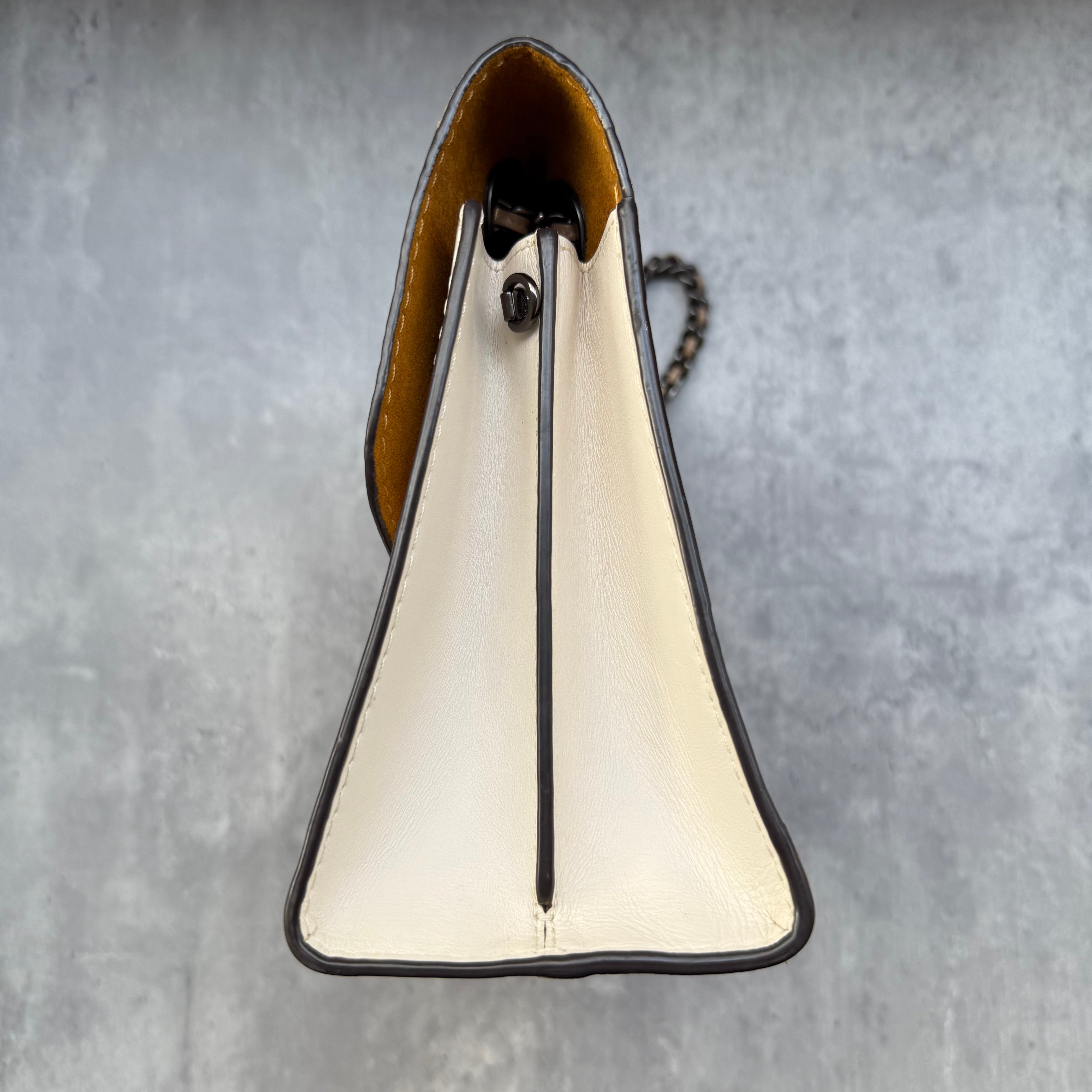 Coach Parker Multi Patch Shoulder Bag with monogram canvas, suede, leather panels, yellow suede lining, and chain leather strap.