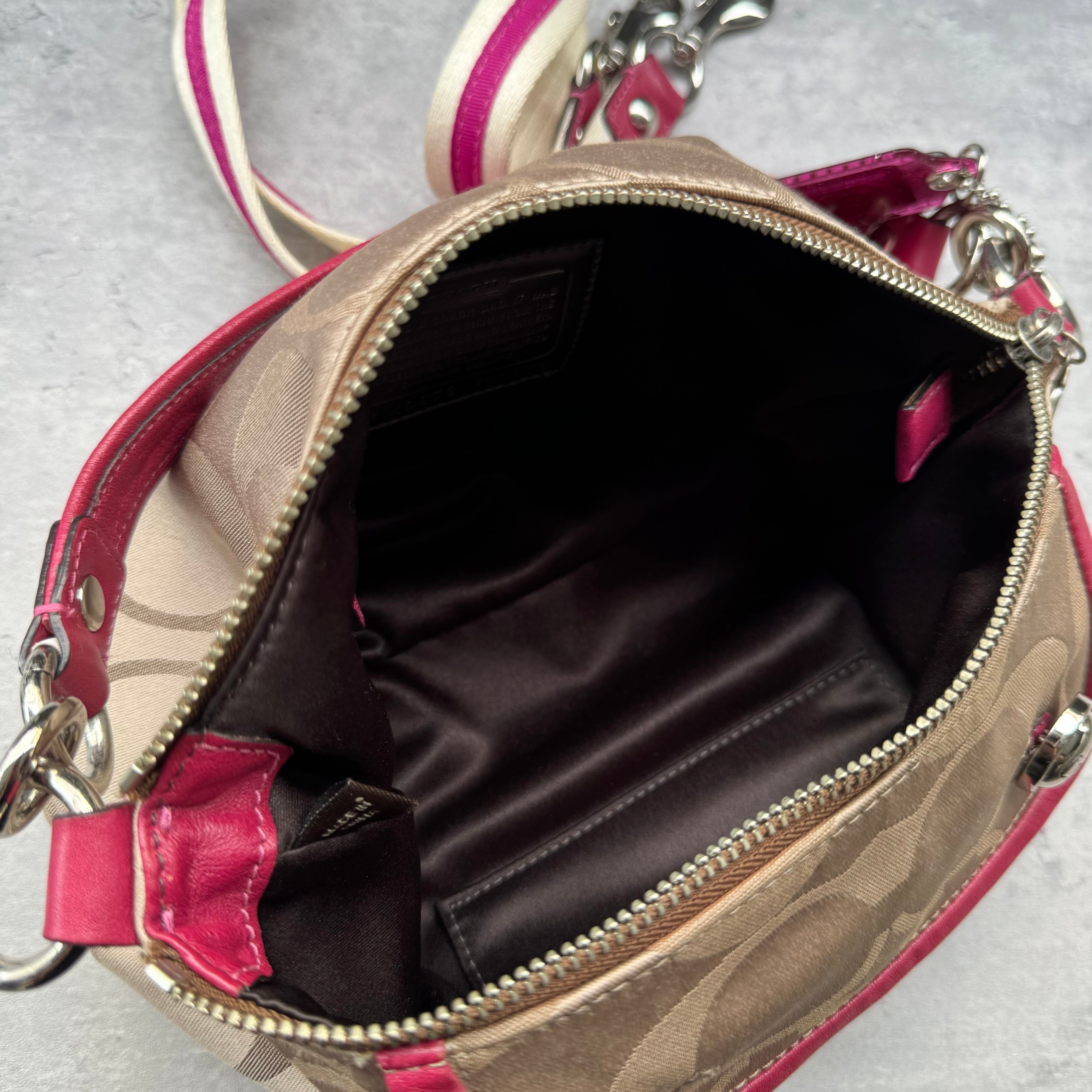 Coach Poppy Signature Sateen Groovy Shoulder Bag in Beige with Pink Trim, featuring satin canvas body, silver button details, glitter hangtag, and detachable pink-striped crossbody strap.