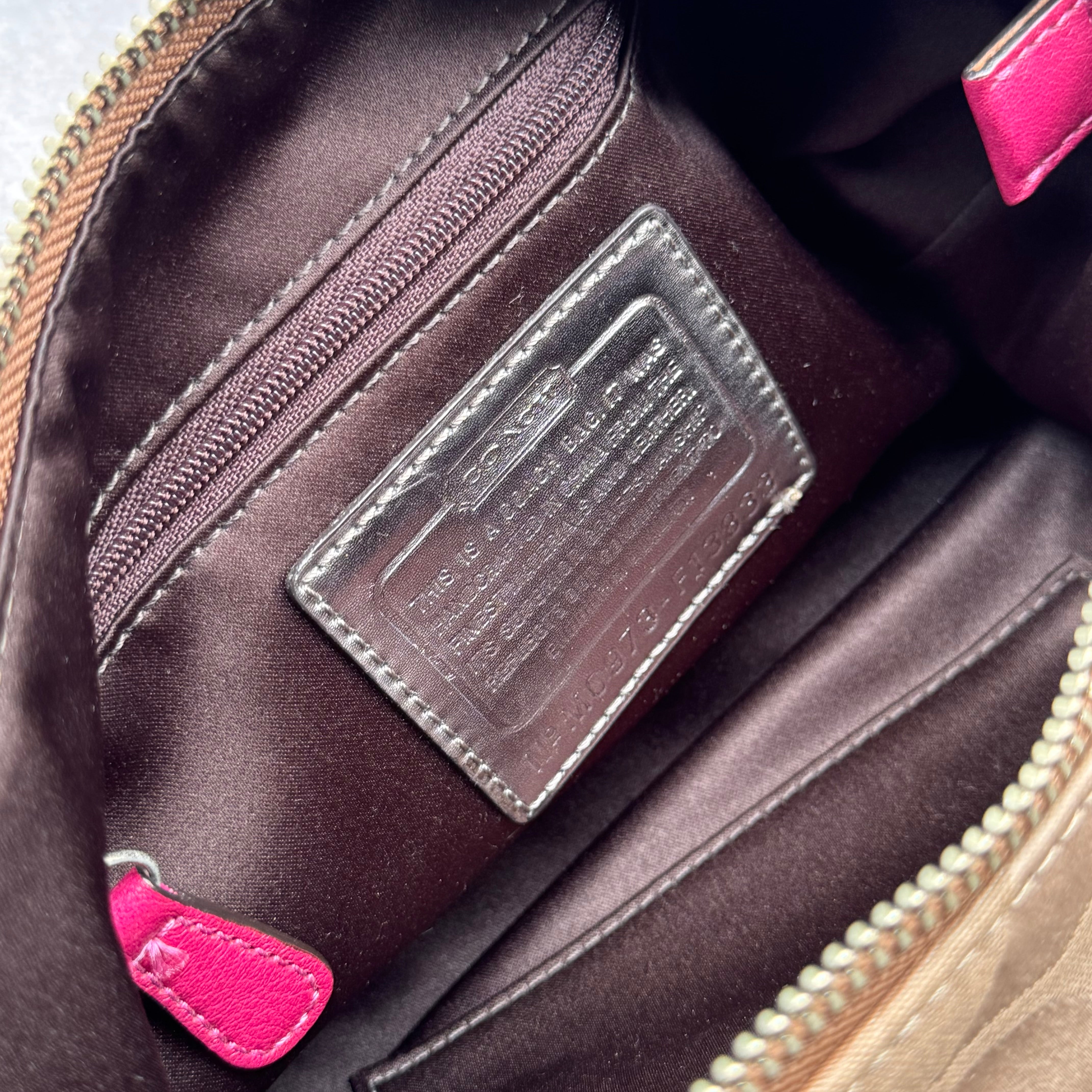 Coach Poppy Signature Sateen Groovy Shoulder Bag in Beige with Pink Trim, featuring satin canvas body, silver button details, glitter hangtag, and detachable pink-striped crossbody strap.