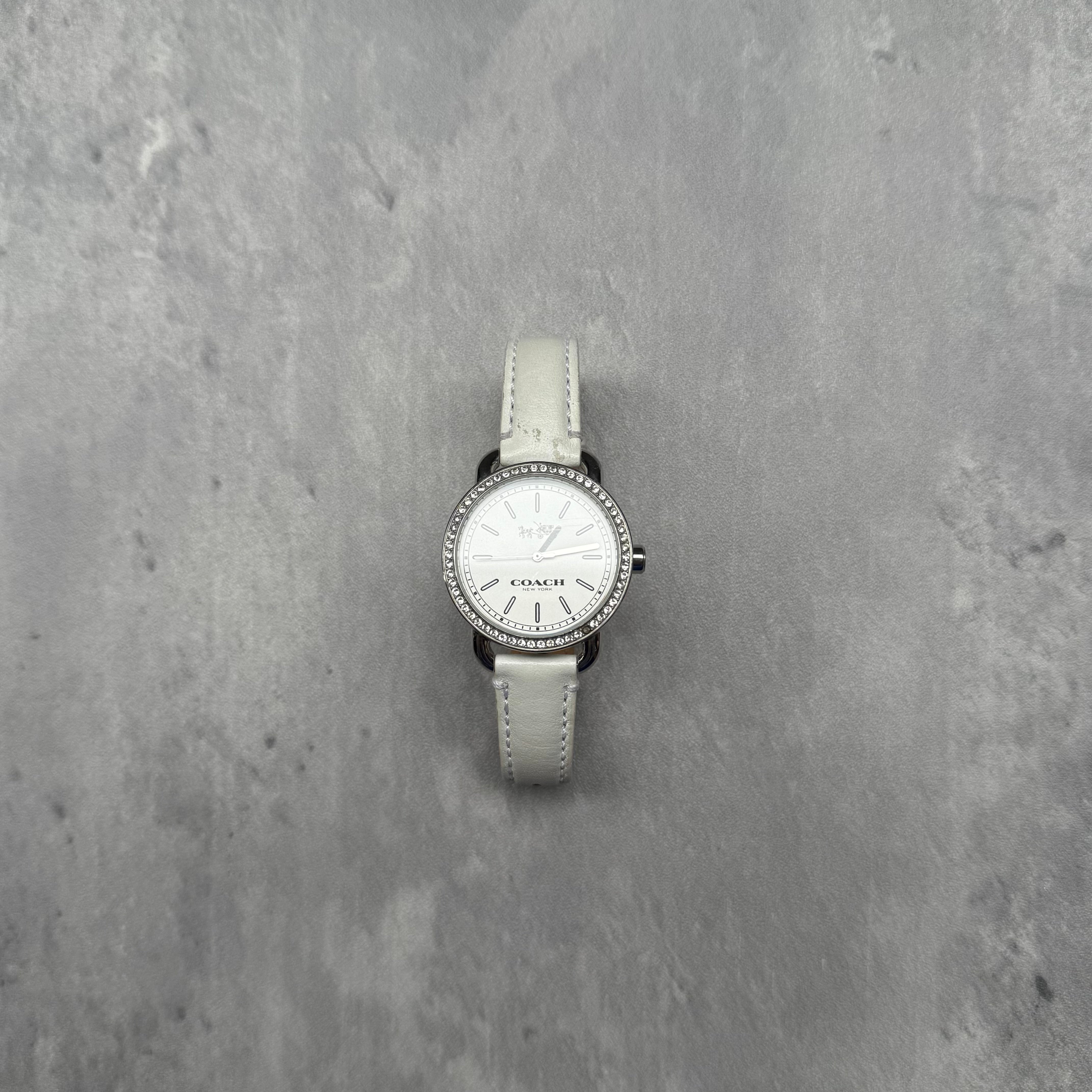 Coach Rhinestone Lex Watch in white with leather strap, rhinestone bezel, and silver-tone detailing.