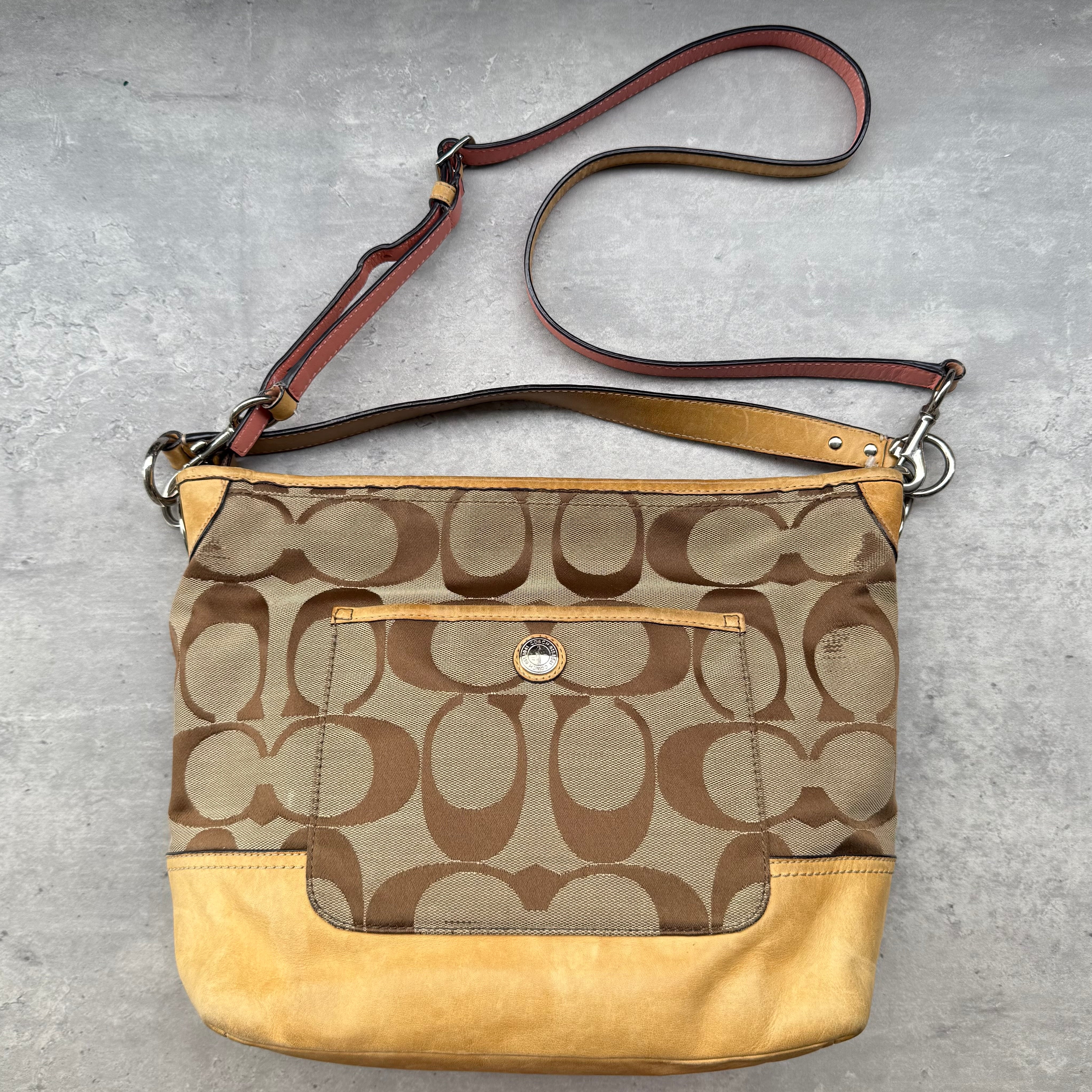 Coach Signature Canvas 2Way Shoulder Bag Beige with leather trim, detachable crossbody strap, and pink fabric lining