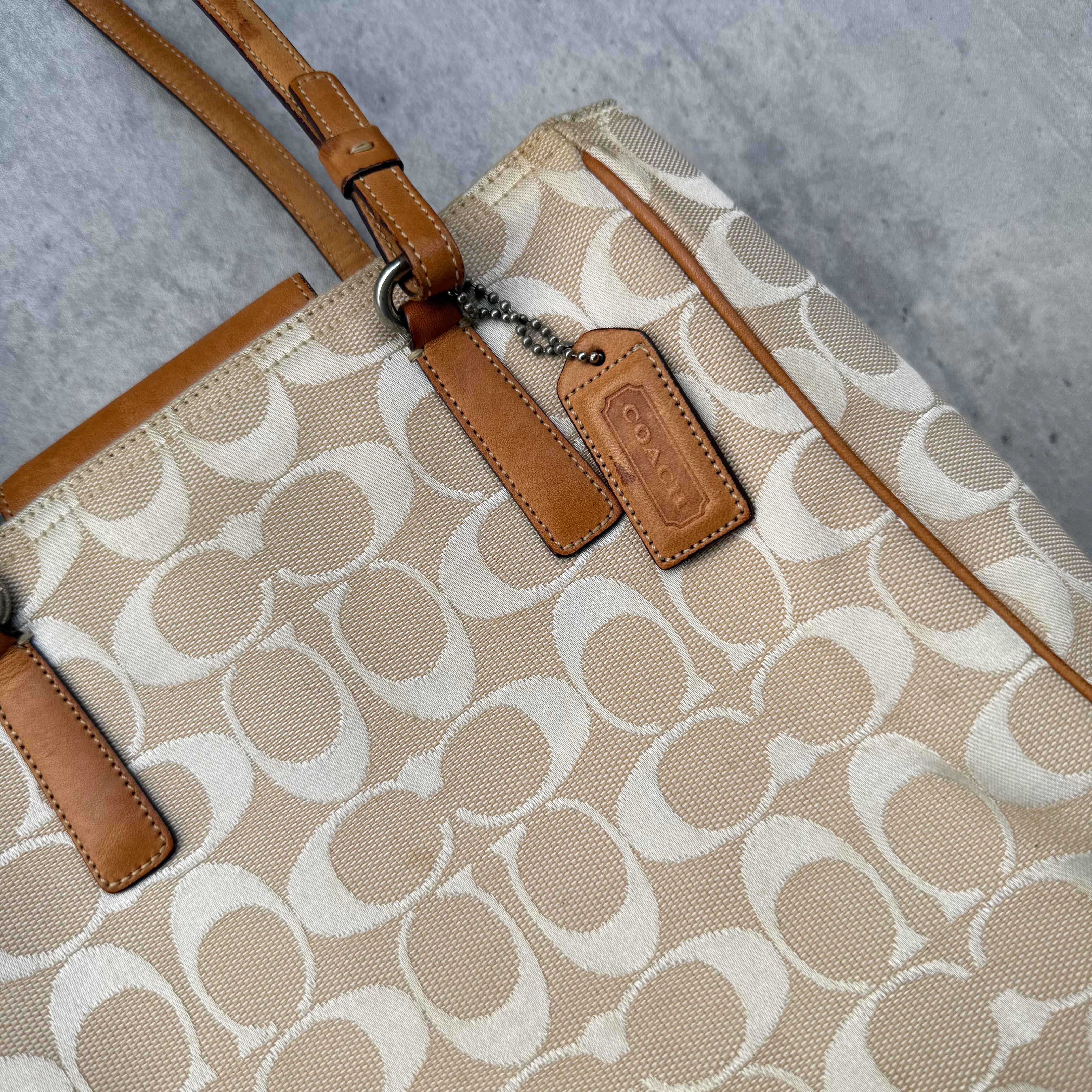 Coach Signature Canvas Tote Bag in beige with monogram pattern, tan leather trim, and shoulder straps