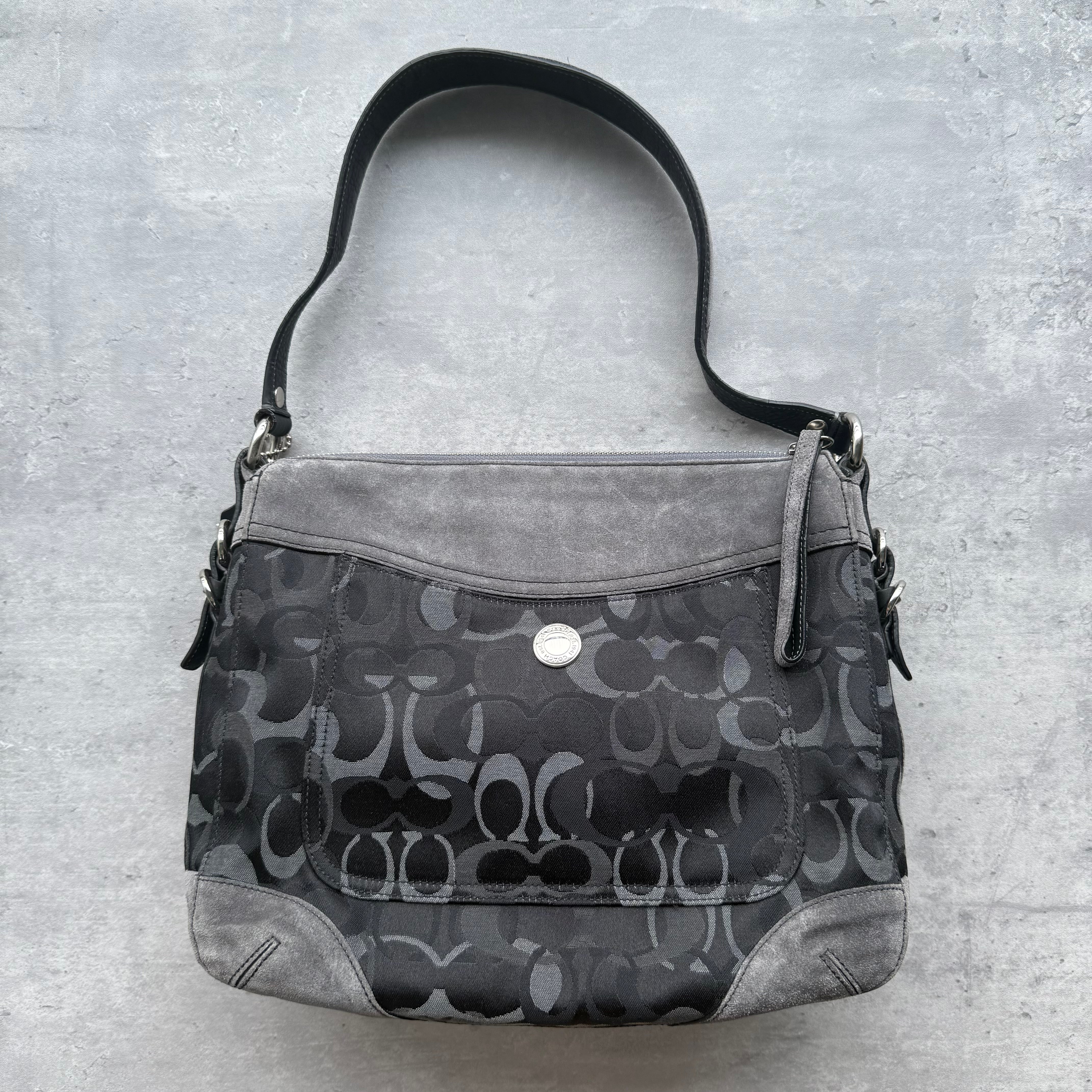 Coach Signature Chelsea Optic Shoulder Bag in black jacquard canvas with grey suede trim, silver-tone hardware, and zip-top closure