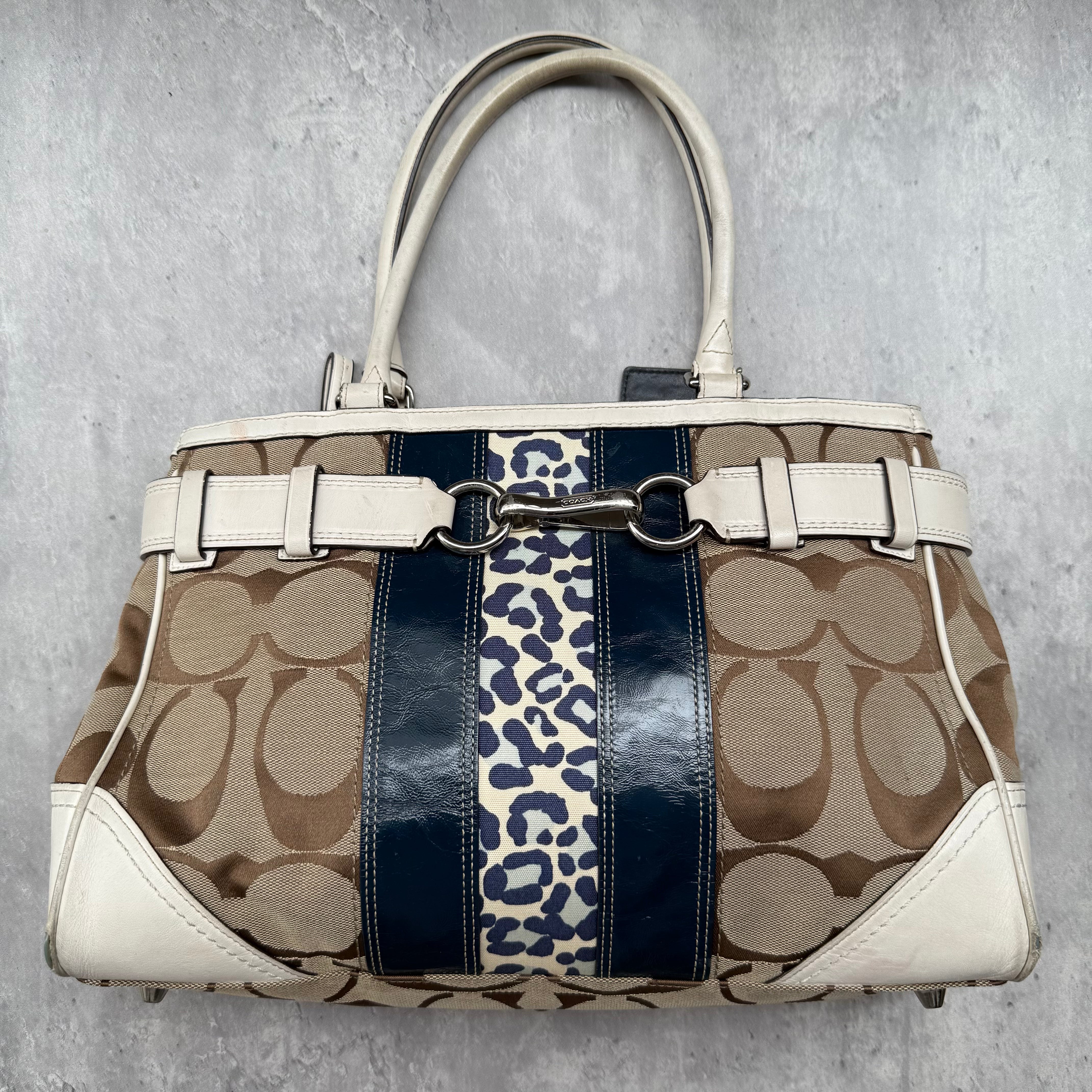 Coach Signature Hampton Stripe Leopard Carryall Handbag in multicolor canvas with navy stripe, leopard panel, and silver-tone hardware.