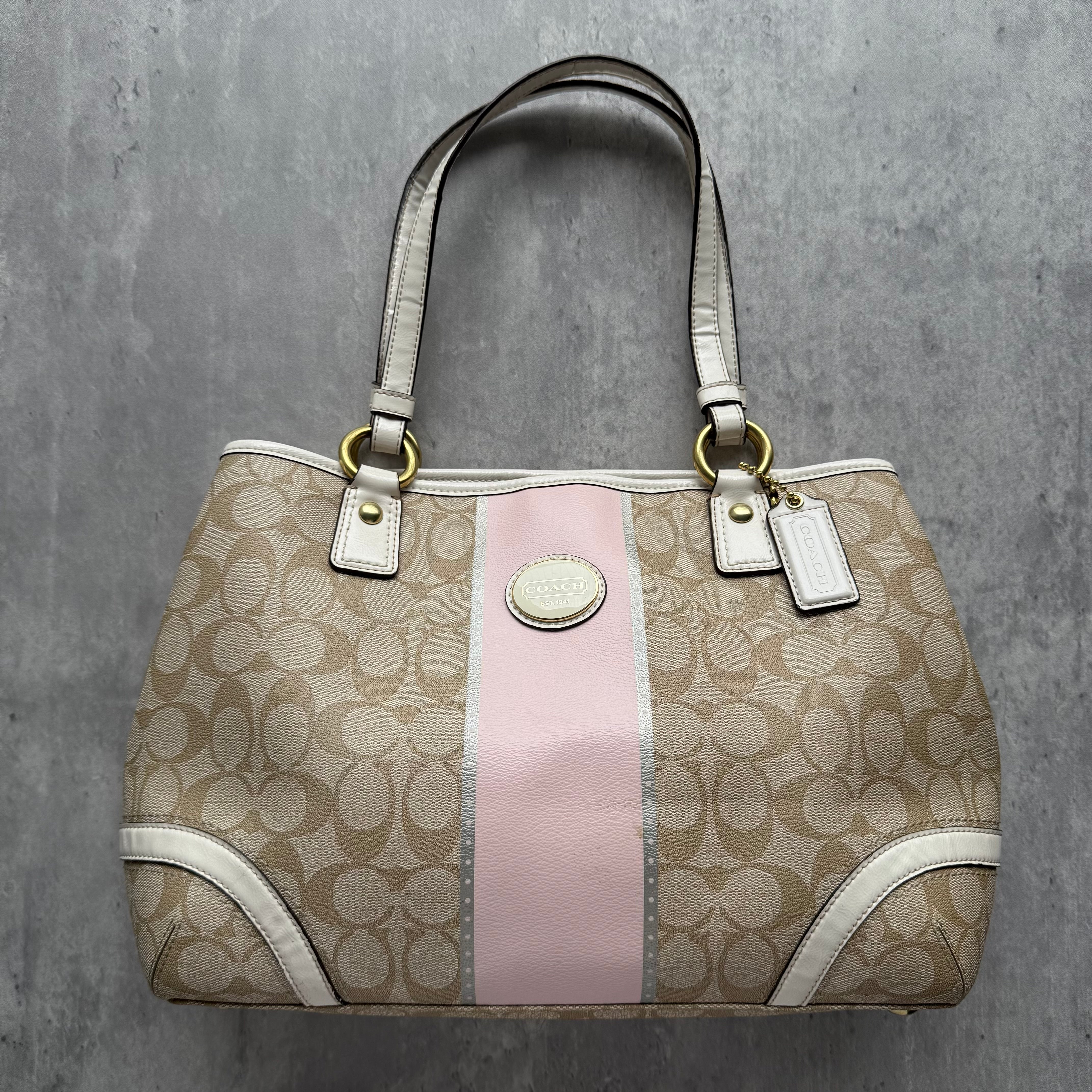 Coach Signature Heritage Stripe Tote Bag Pink/Beige in jacquard canvas with leather trim, featuring pink stripe detail, gold hardware, and spacious interior with zip divider.