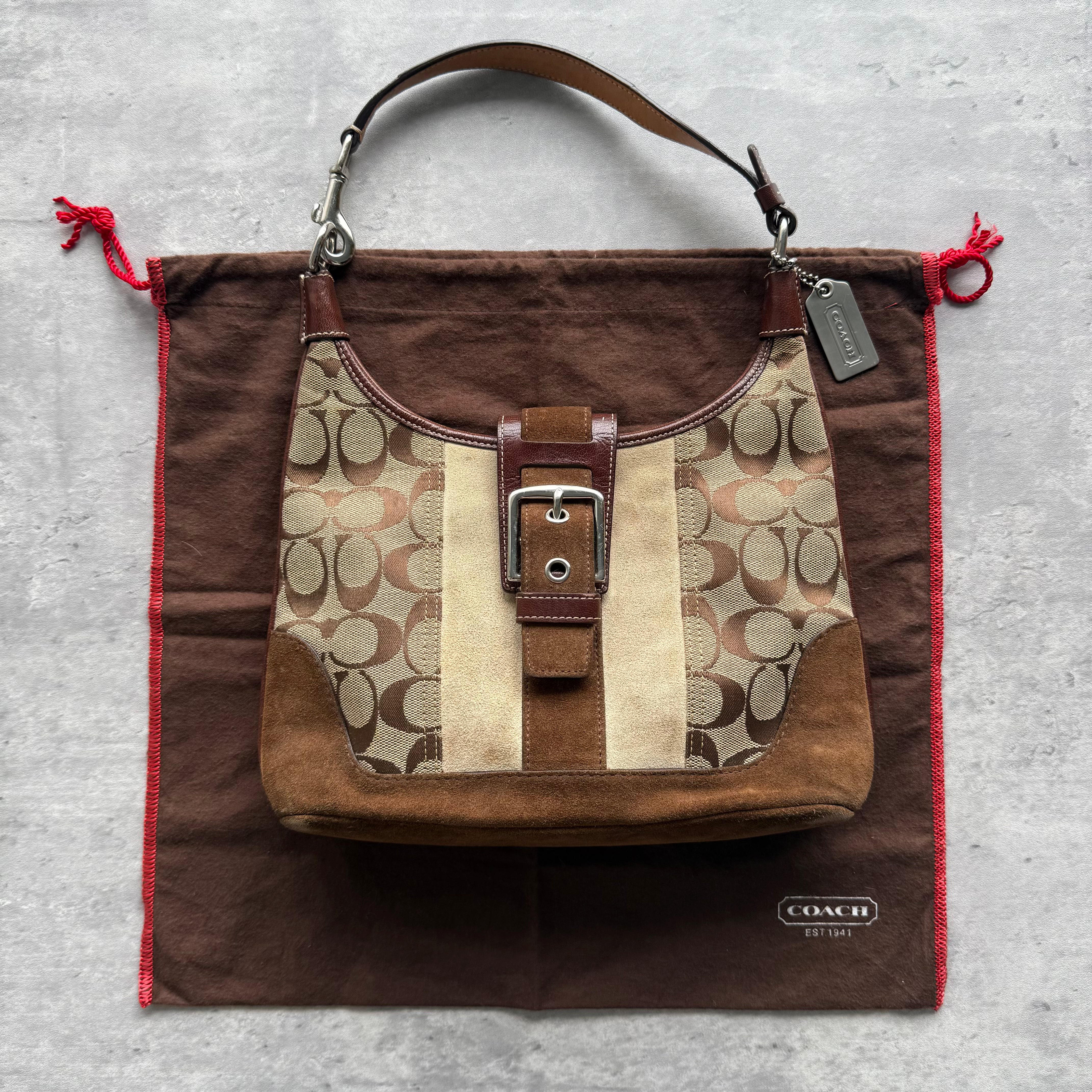 Coach Signature Mini Hamilton Stripe Hobo Shoulder Bag in brown and beige, crafted from jacquard canvas with suede accents and silver-tone hardware.