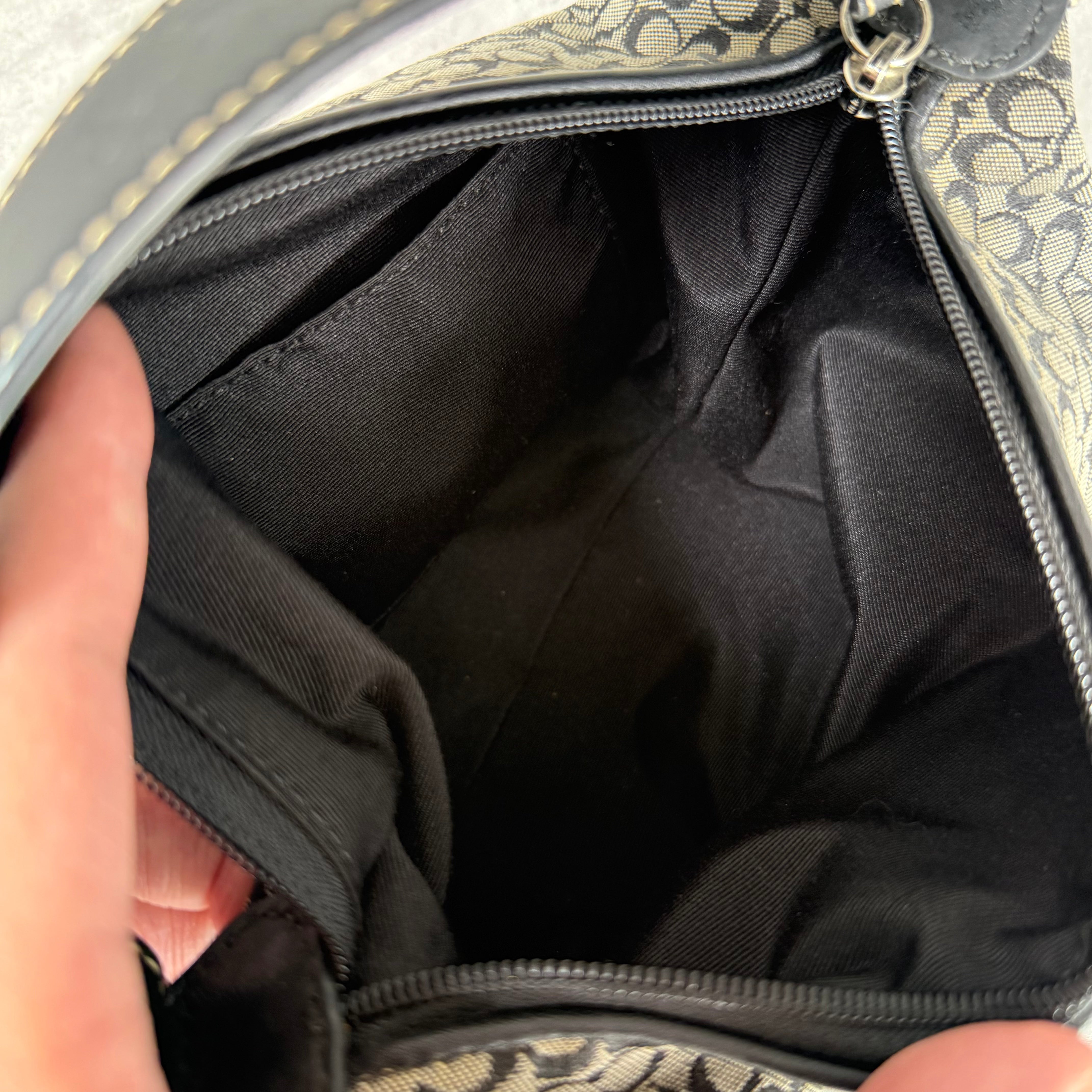 Coach Signature Mini Hobo Shoulder Bag in Grey/Black with jacquard canvas, black leather trim, zip closure, and interior zip pocket