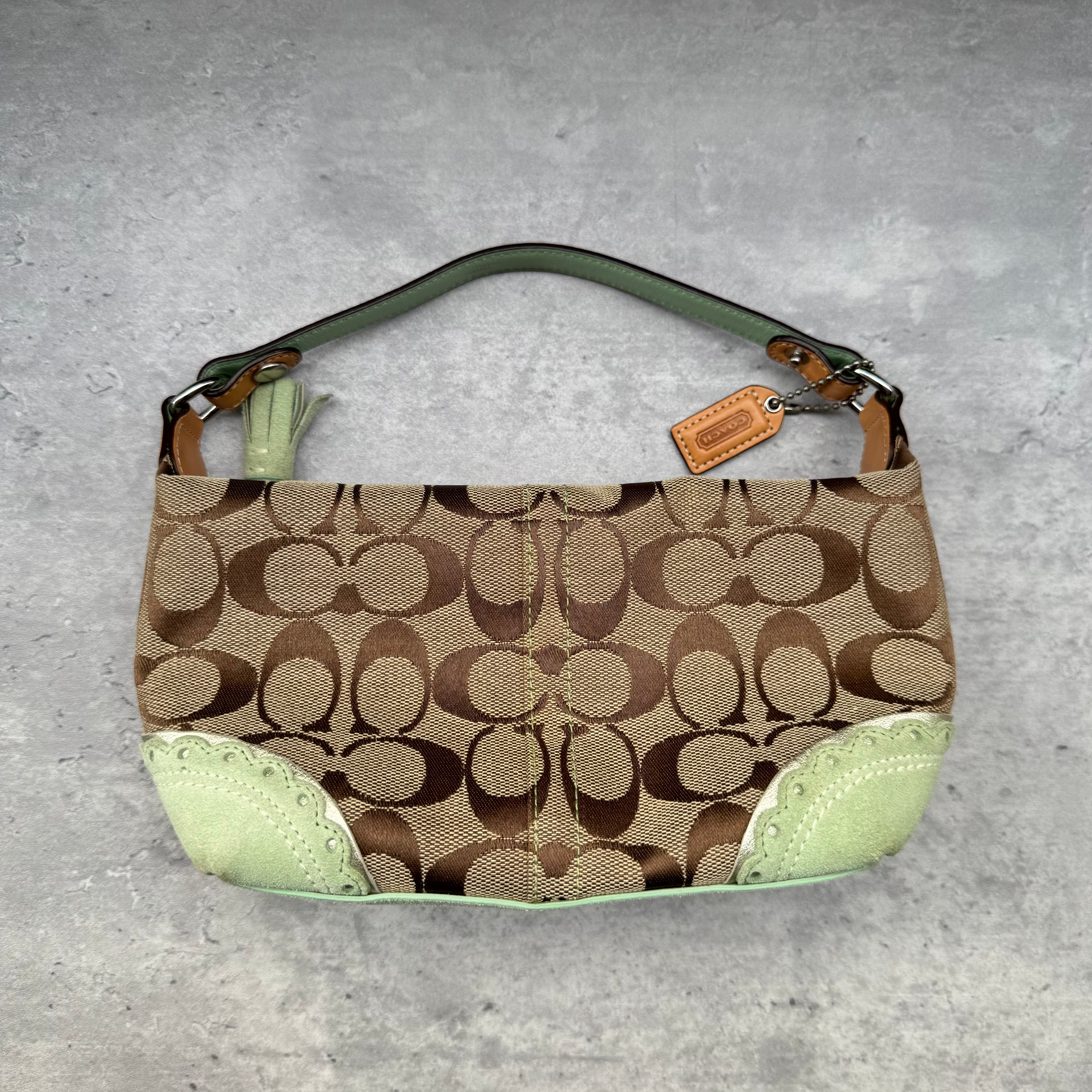 Coach Signature Mini Hobo Shoulder Bag in beige canvas with mint green suede trim and monogram design.