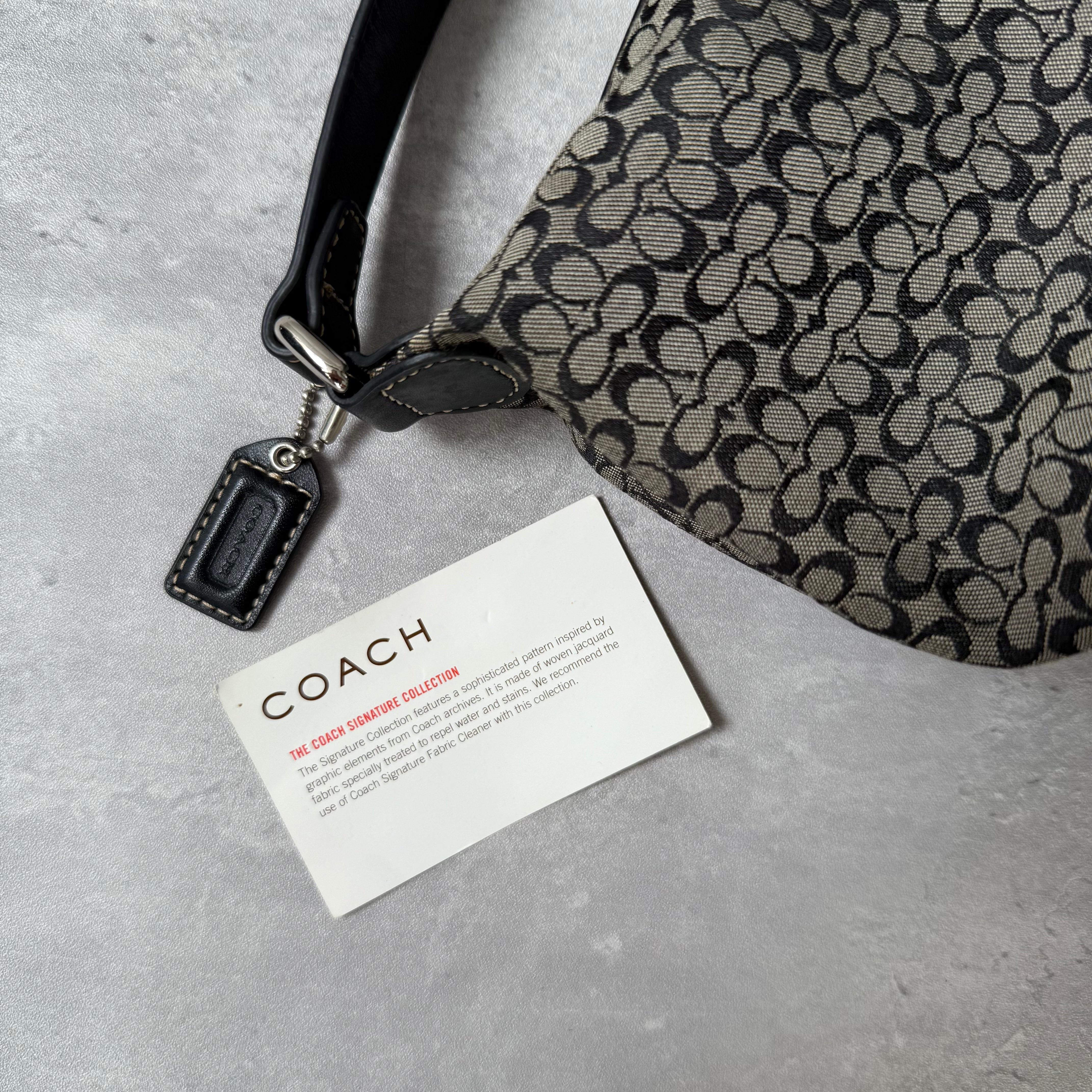 Coach Signature Mini Hobo Shoulder Bag in Grey/Black with jacquard canvas, black leather trim, zip closure, and interior zip pocket