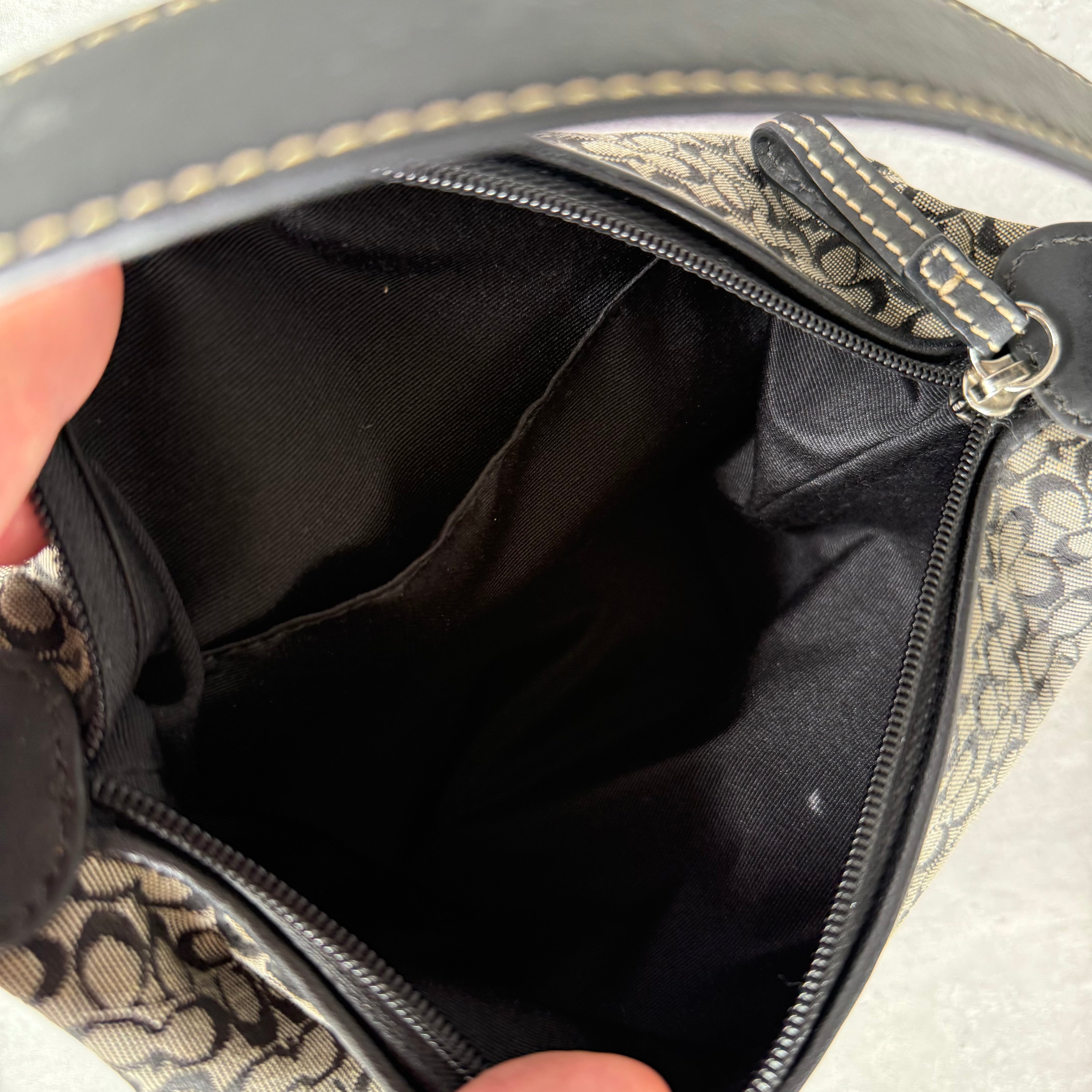 Coach Signature Mini Hobo Shoulder Bag in Grey/Black with jacquard canvas, black leather trim, zip closure, and interior zip pocket