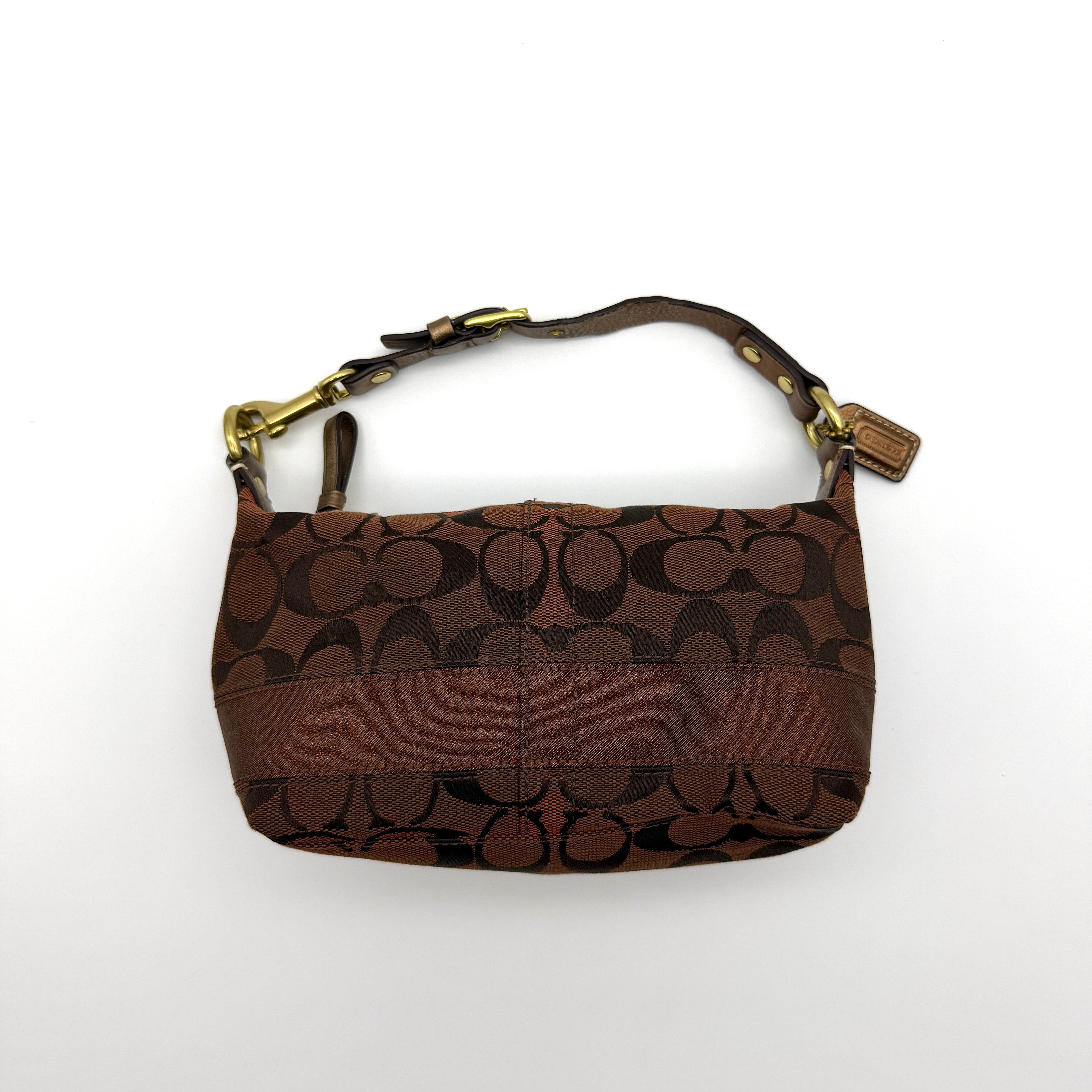 Coach Signature Mini Hobo Stripe Shoulder Bag in brown jacquard with brass hardware and striped satin interior — pre-loved.