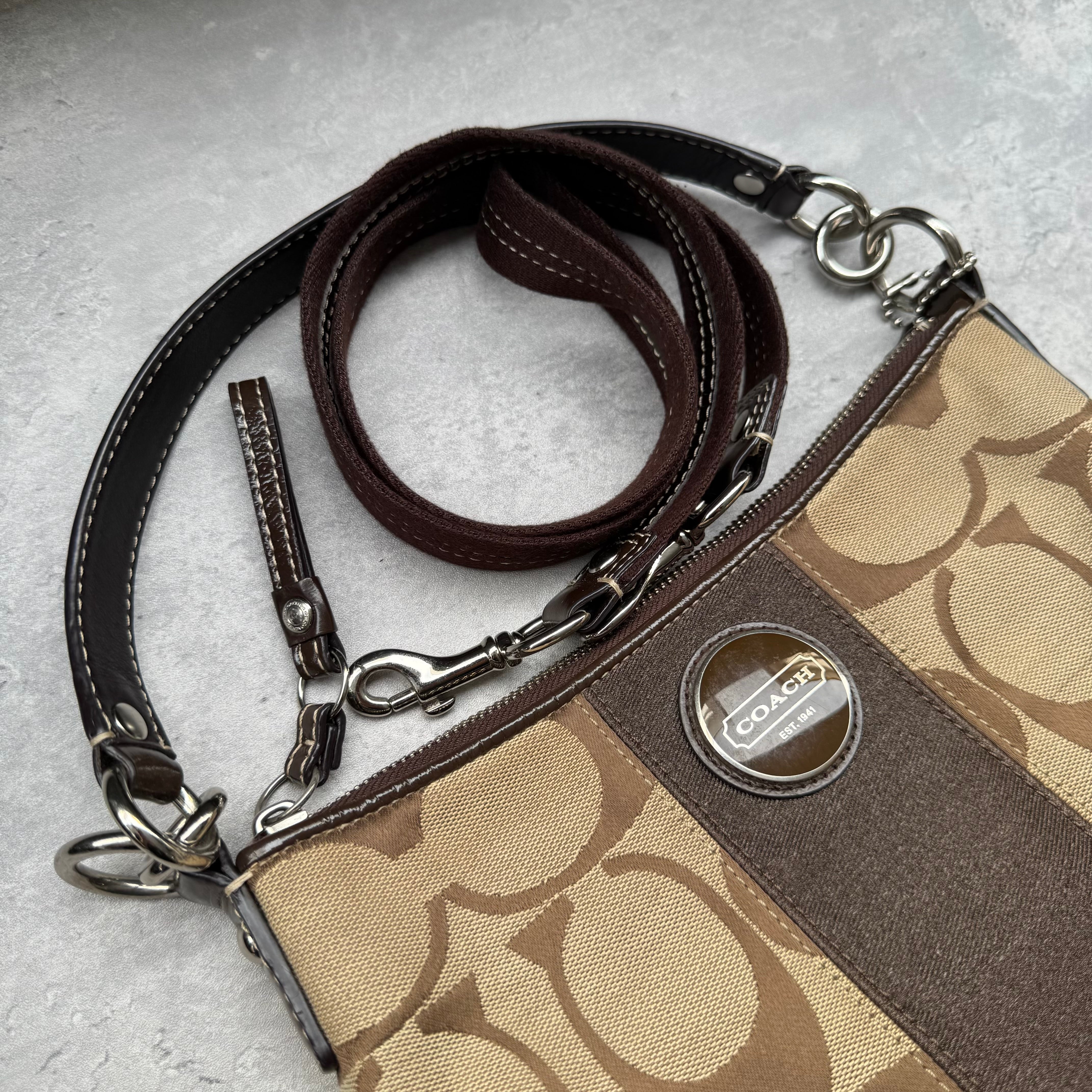 Coach Signature Stripe Shoulder Bag in beige and brown monogram canvas with dark brown leather trim and detachable strap.
