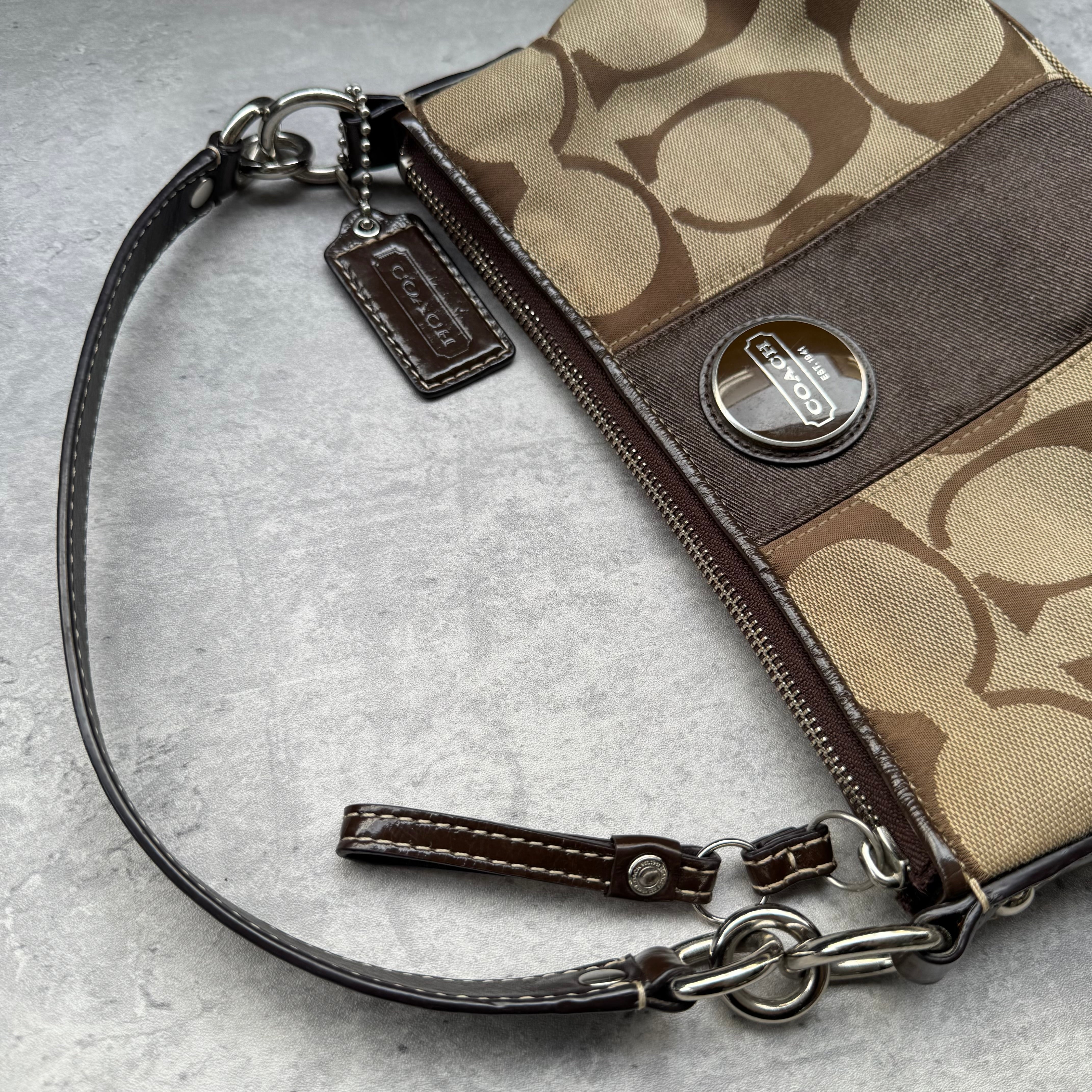 Coach Signature Stripe Shoulder Bag in beige and brown monogram canvas with dark brown leather trim and detachable strap.