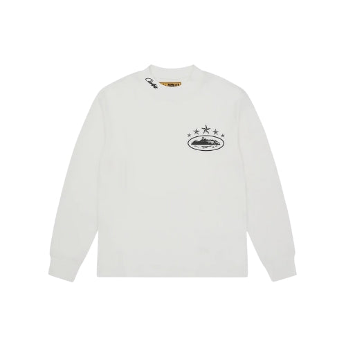 Corteiz 4Starz Alcatraz Waffle Longsleeve Shirt in white, featuring waffle texture, globe and star chest logo, and script detail at the collar.