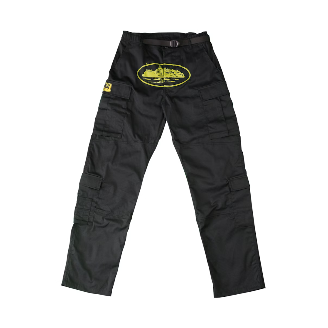 Corteiz 4Starz Special Edition Guerillaz Cargos in black with large yellow ship graphic and multiple utility pockets.