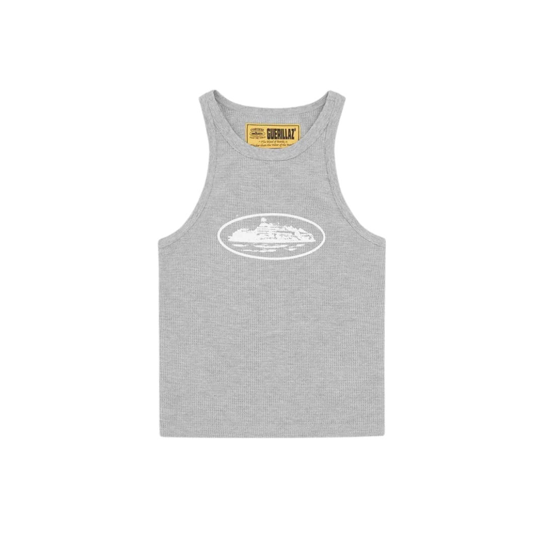 Corteiz Alcatraz Tank Top (Women's) in grey waffle-knit cotton with white printed logo