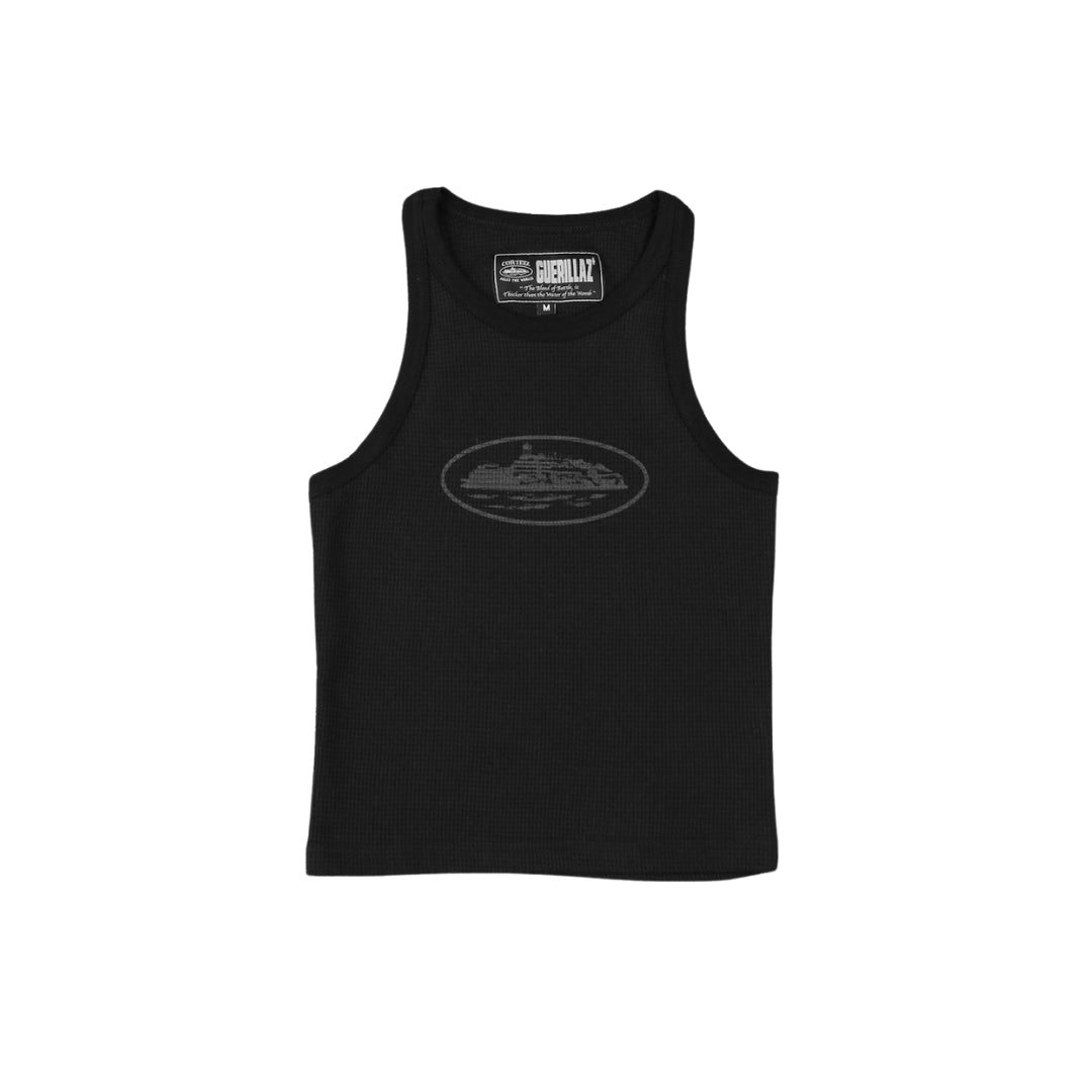 Corteiz Alcatraz Tank Top (Women's) in black waffle-knit cotton with tonal black logo print